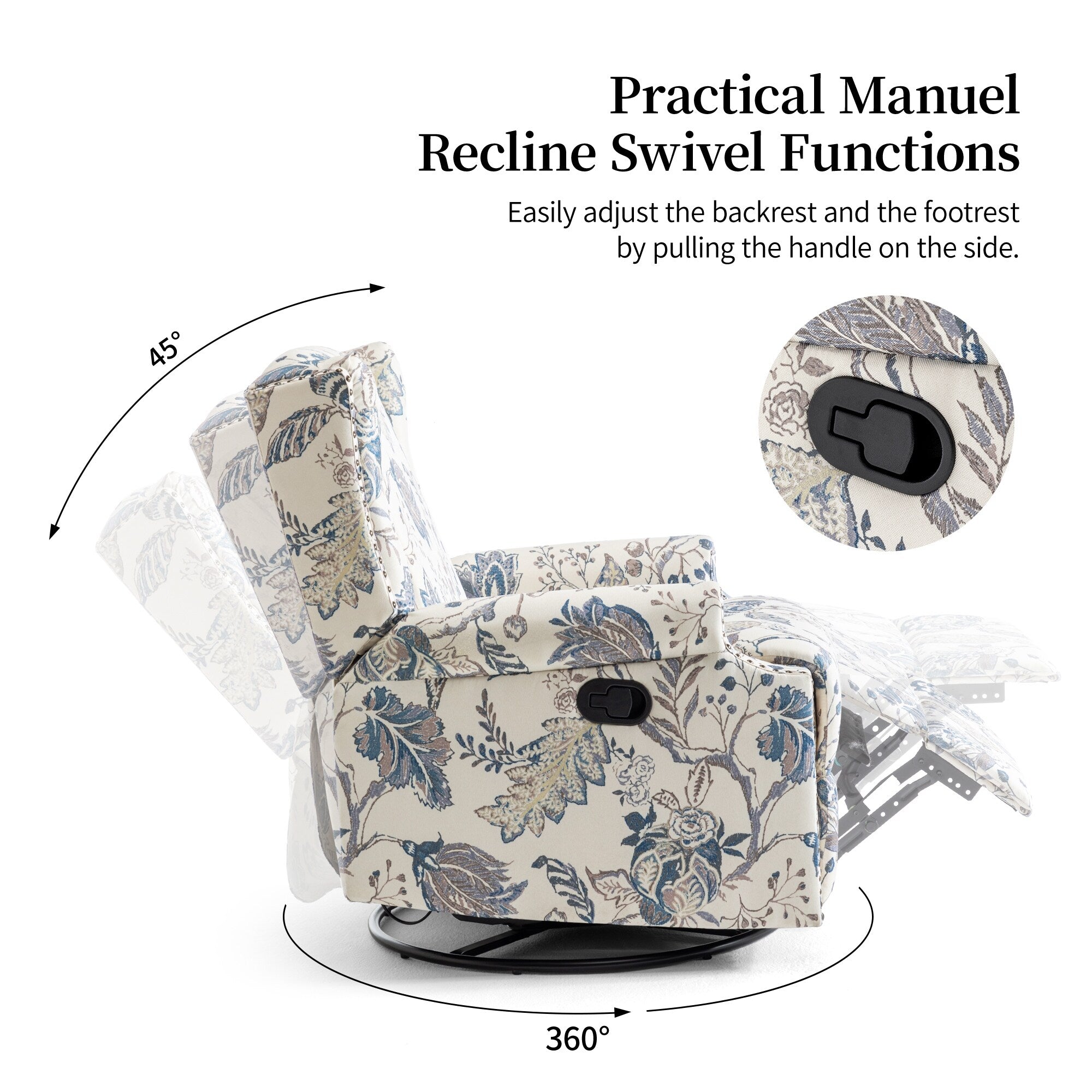 Fauteuil inclinable pivotant à motif floral de 29 po de largeur, à poussoir manuel