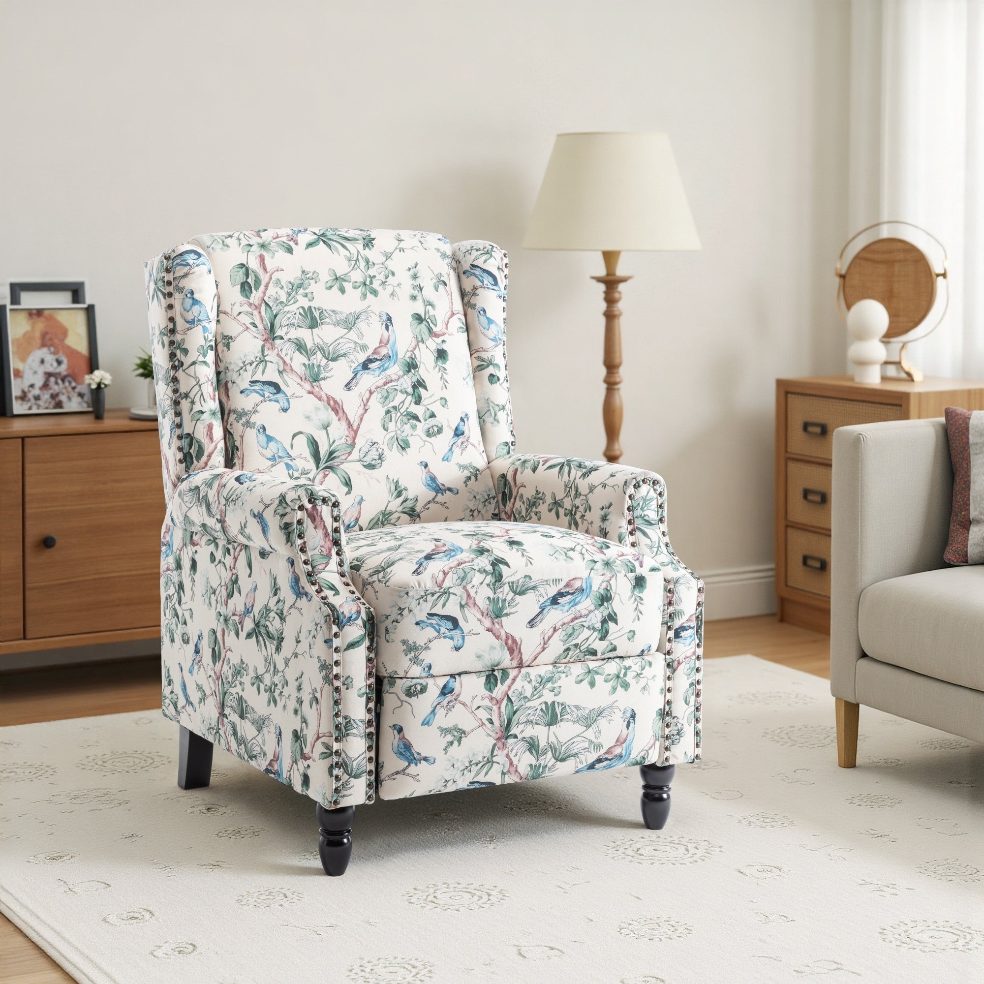 Fauteuil inclinable manuel à dossier relevable en lin vintage à motif floral de 29 po de largeur