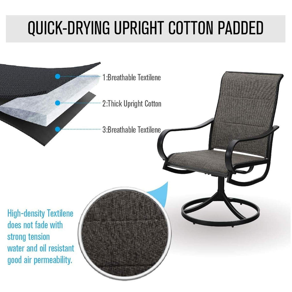 Ensemble de salle à manger d'extérieur 5 pièces, 4 chaises pivotantes rembourrées en mousse à séchage rapide et une table ronde en métal grain de bois de 44 pouces