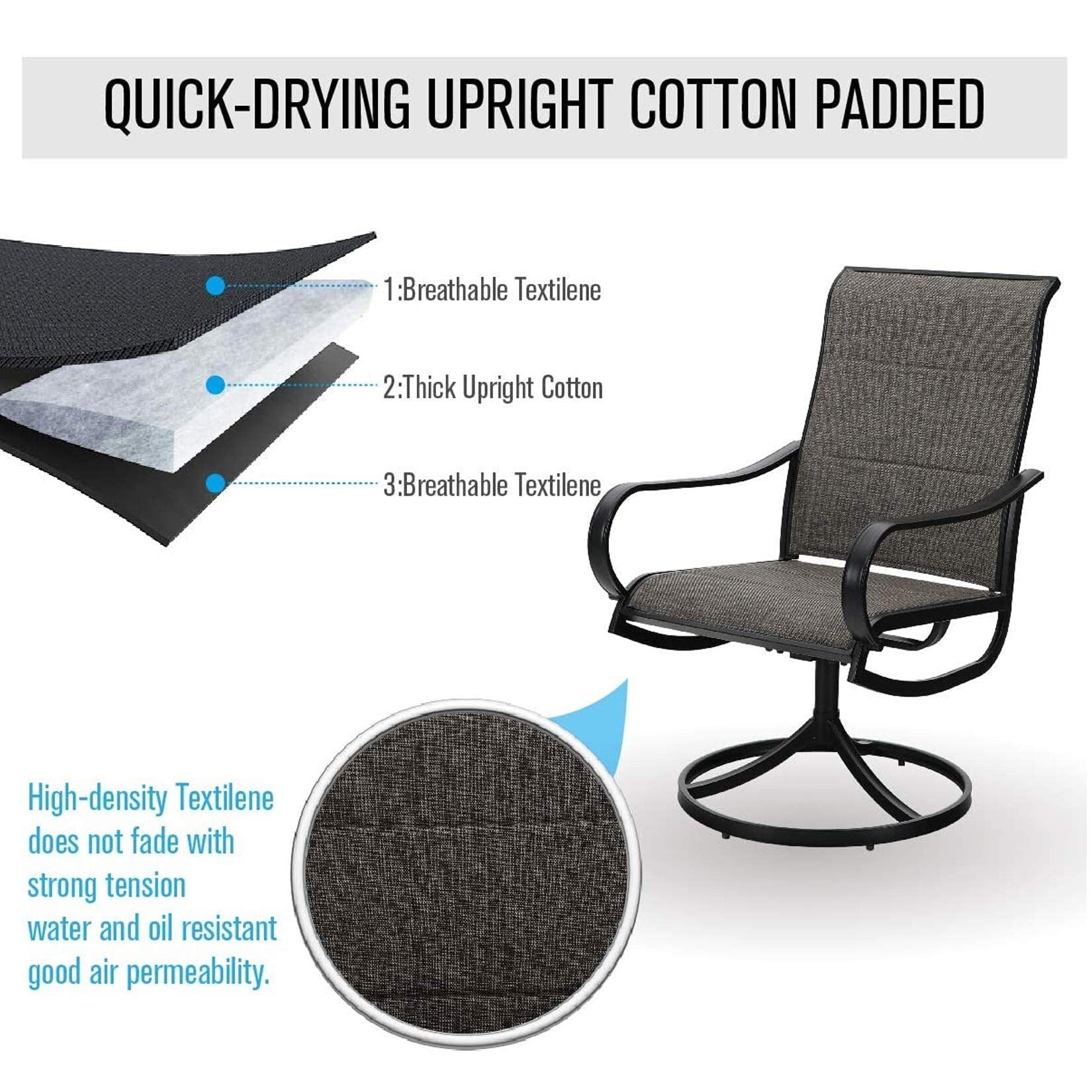 Ensemble de salle à manger d'extérieur 5 pièces, 4 chaises pivotantes rembourrées en mousse à séchage rapide et une table ronde en métal grain de bois de 44 pouces