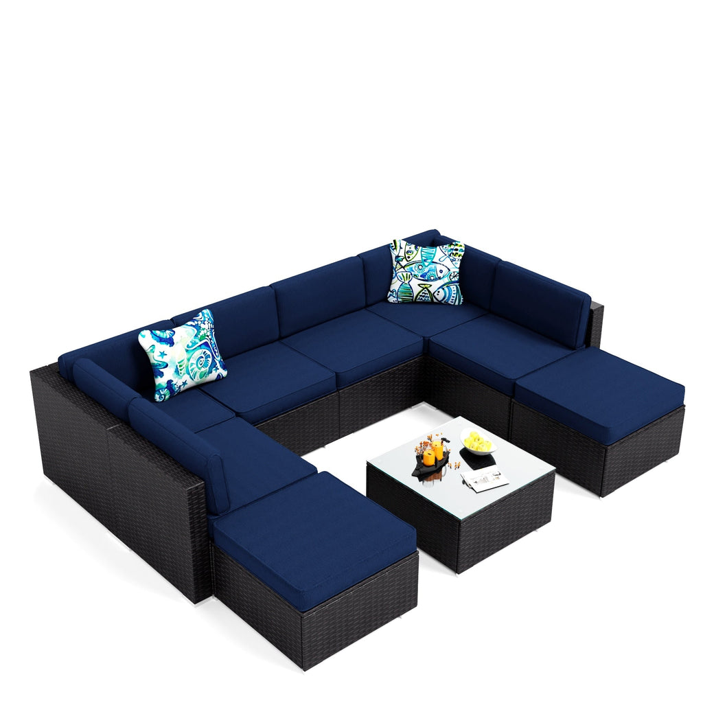 Ensemble de 9 canapés sectionnels rembourrés en rotin et osier pour patio - Ensembles de 9 pièces