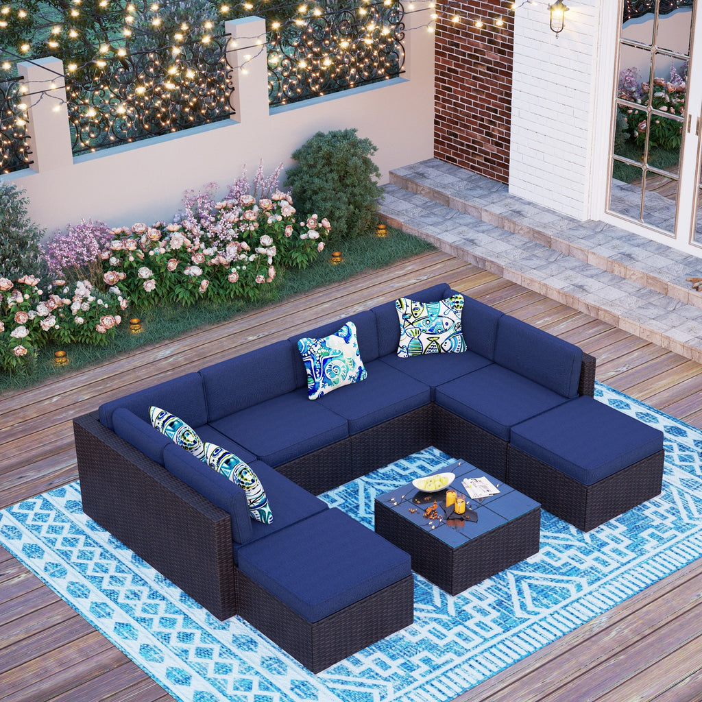 Ensemble de 9 canapés sectionnels rembourrés en rotin et osier pour patio - Ensembles de 9 pièces