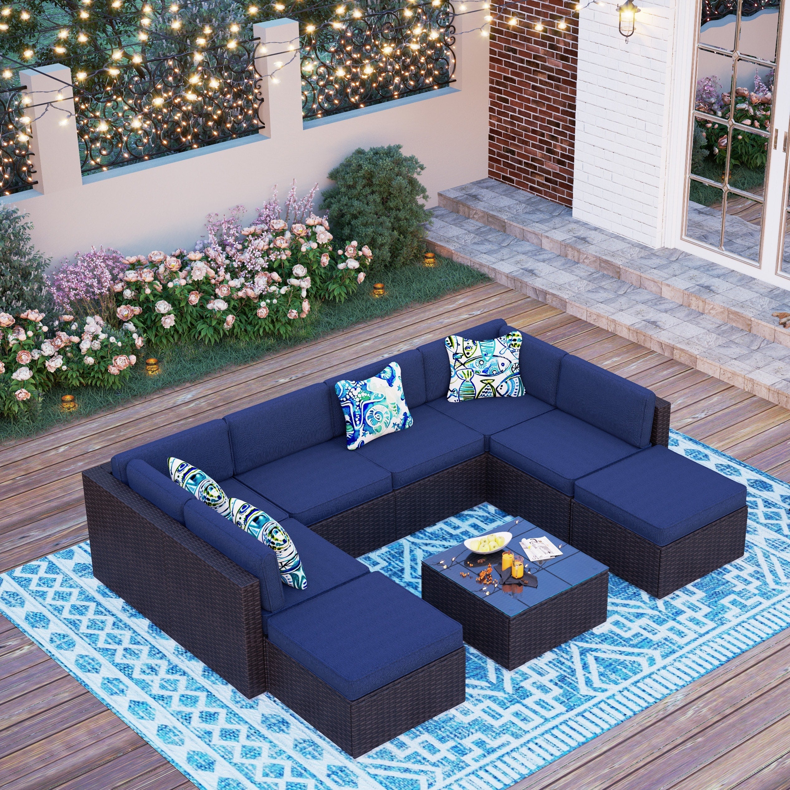 Ensemble de 9 canapés sectionnels rembourrés en rotin et osier pour patio - Ensembles de 9 pièces