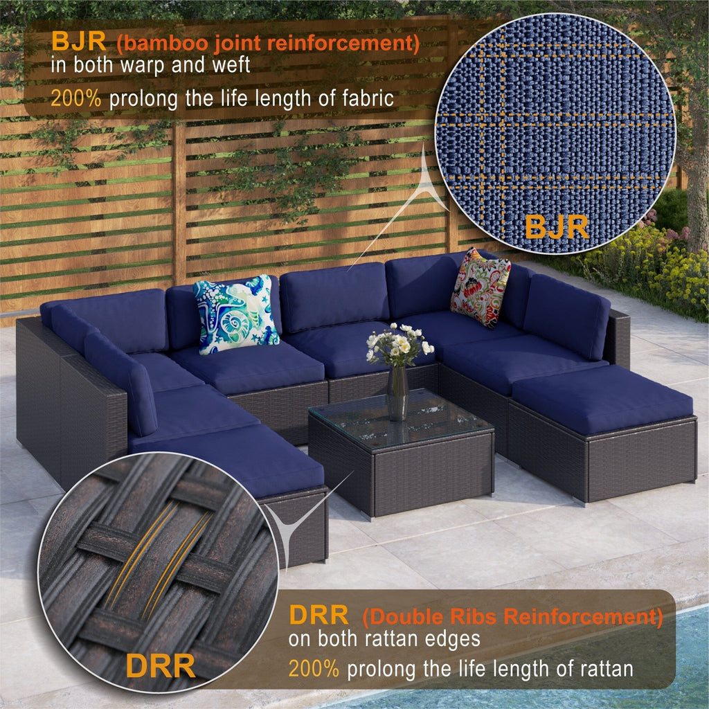 Ensemble de 9 canapés sectionnels rembourrés en rotin et osier pour patio - Ensembles de 9 pièces