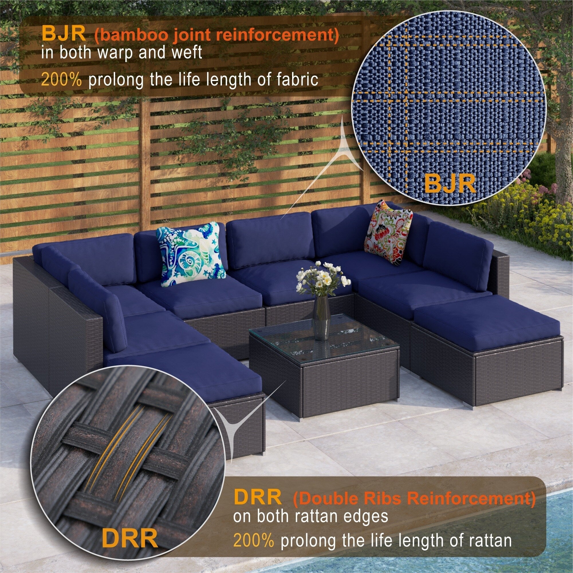 Ensemble de 9 canapés sectionnels rembourrés en rotin et osier pour patio - Ensembles de 9 pièces