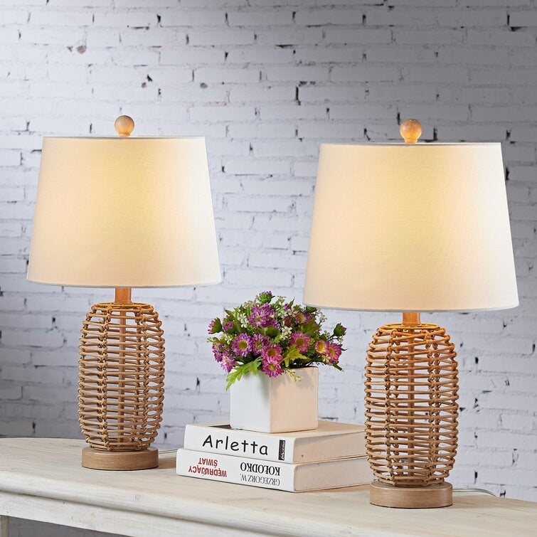 Lot de 2 lampes de chevet en rotin naturel (12 x 12 x 21 cm)