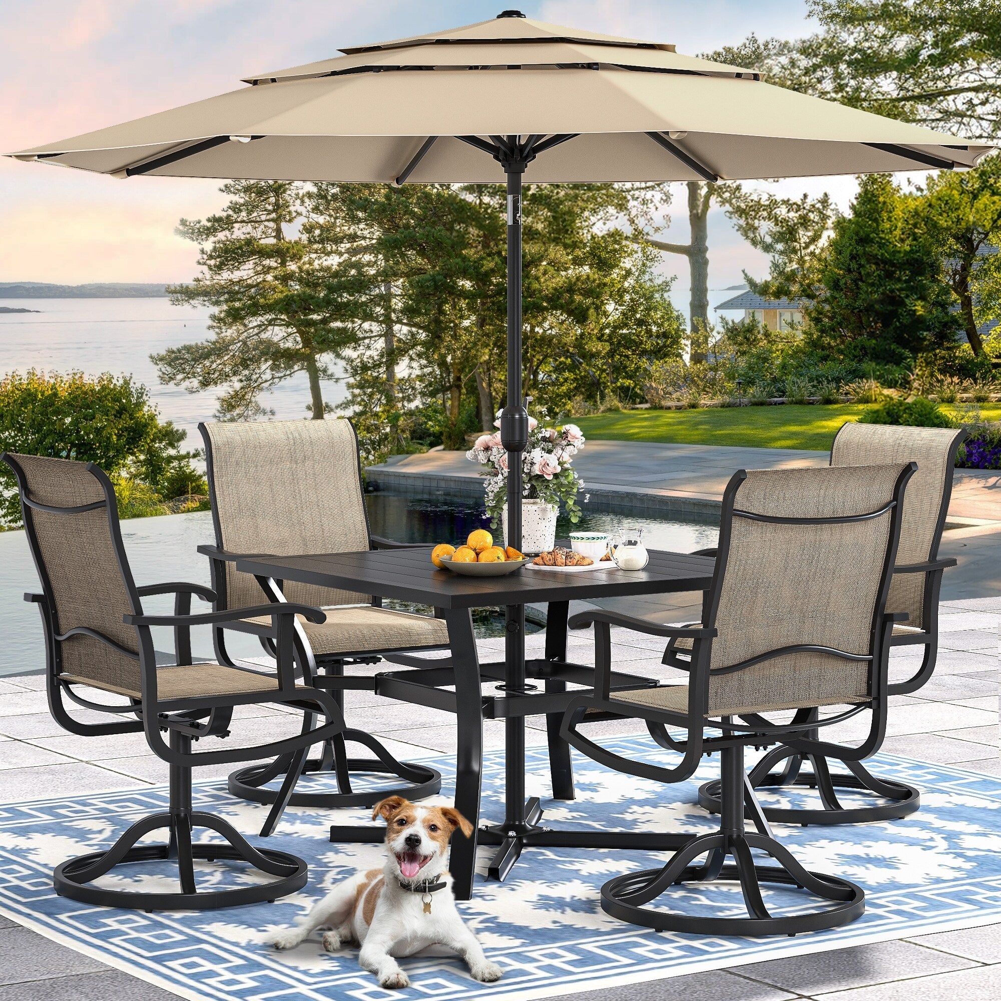 Ensembles de salle à manger d'extérieur 5/7/9 pièces avec chaises pivotantes en textilène 28 W et table