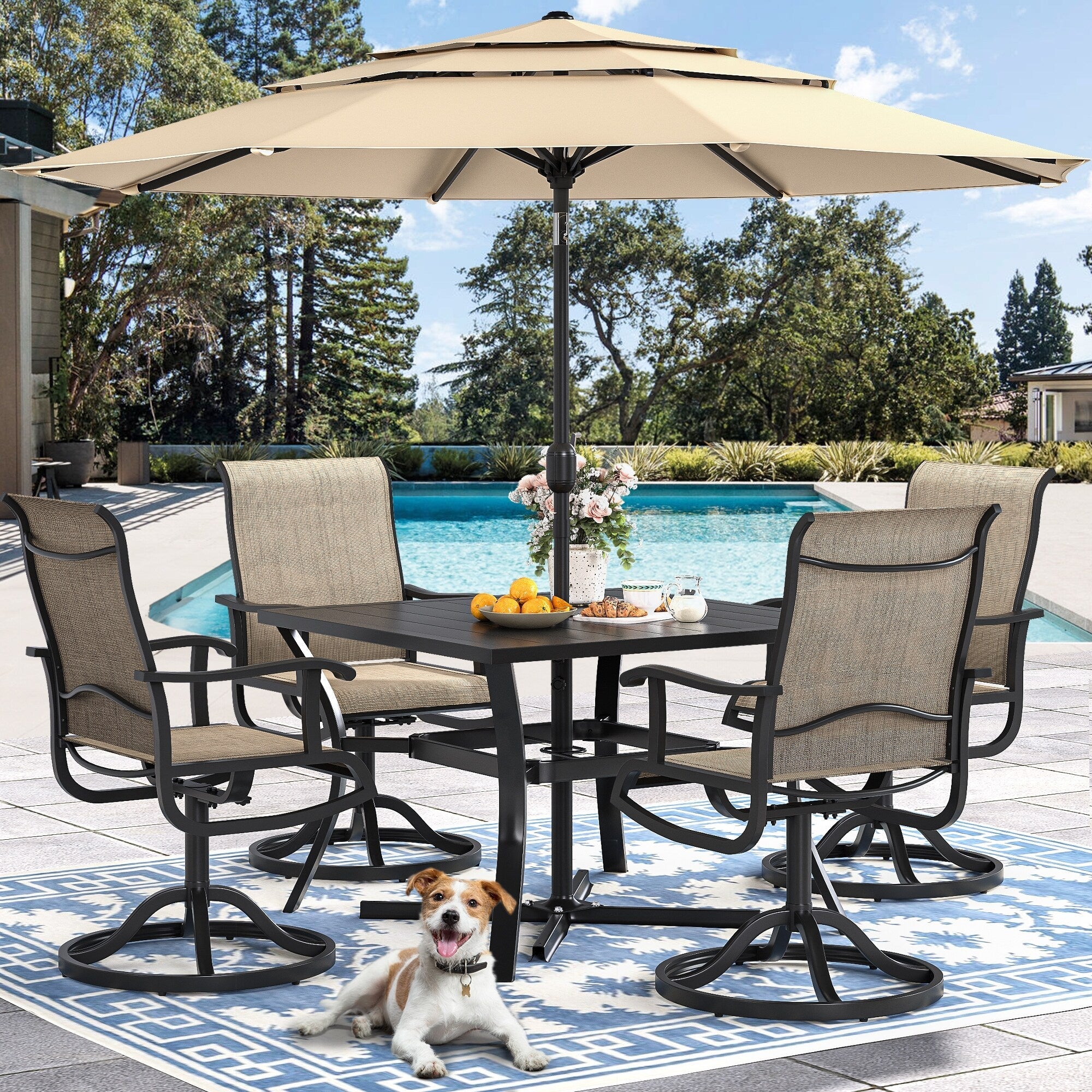 Ensembles de salle à manger d'extérieur 5/7/9 pièces avec chaises pivotantes en textilène 28 W et table