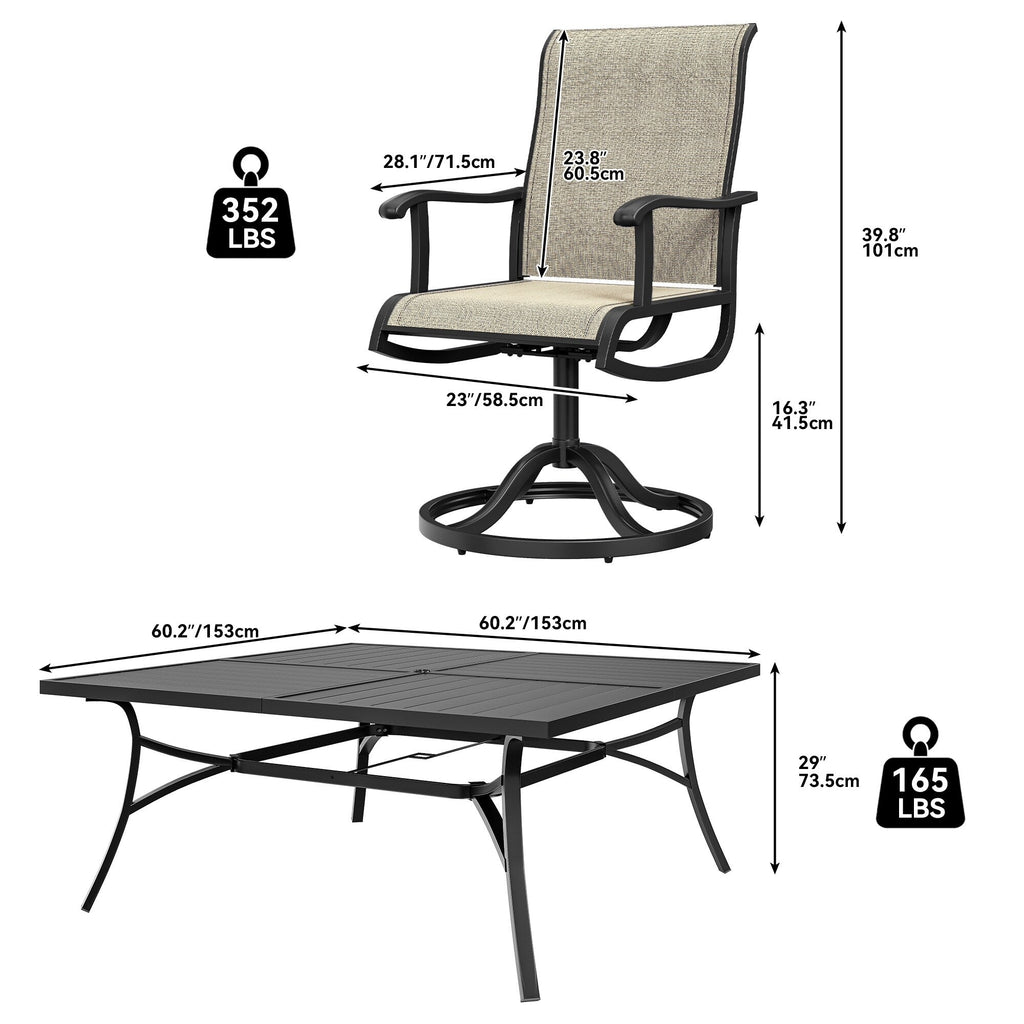 Ensembles de salle à manger d'extérieur 5/7/9 pièces avec chaises pivotantes en textilène 28 W et table