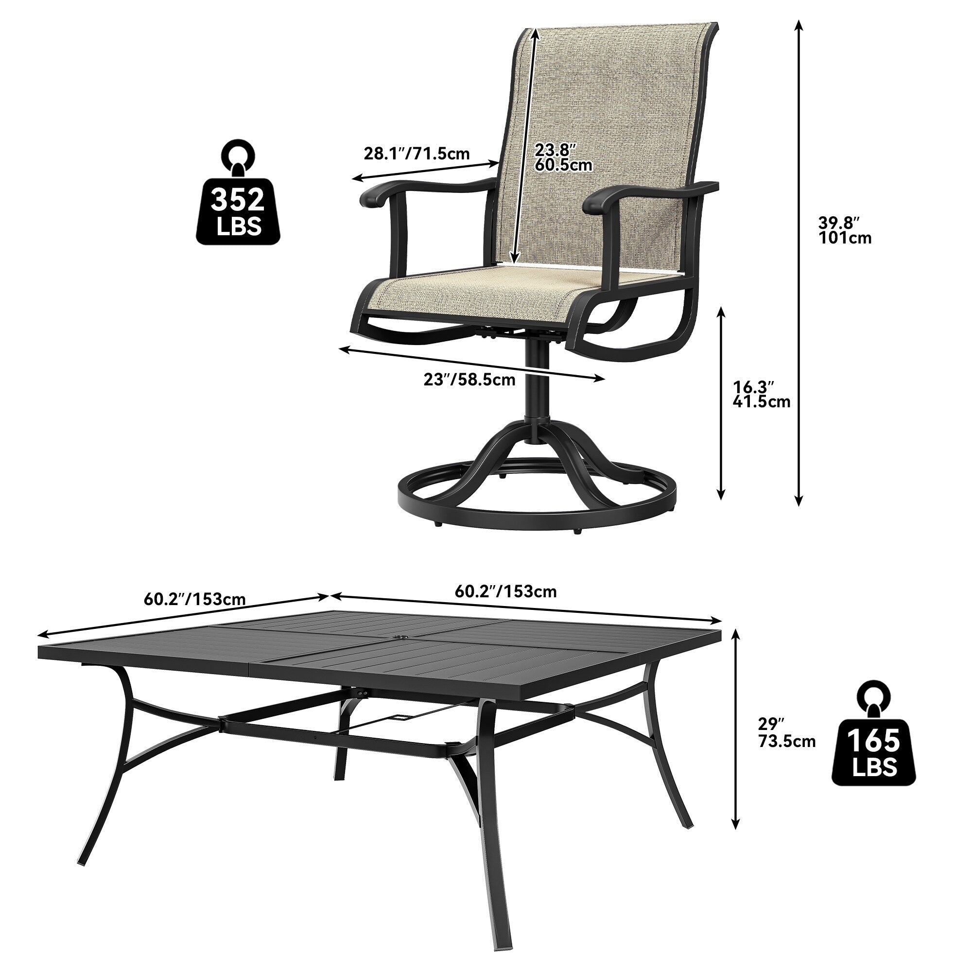 Ensembles de salle à manger d'extérieur 5/7/9 pièces avec chaises pivotantes en textilène 28 W et table