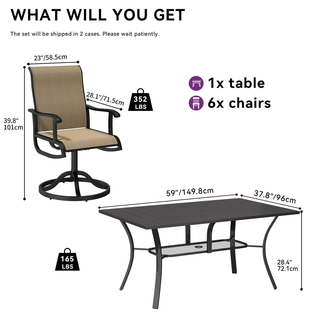 Ensembles de salle à manger d'extérieur 5/7/9 pièces avec chaises pivotantes en textilène 28 W et table