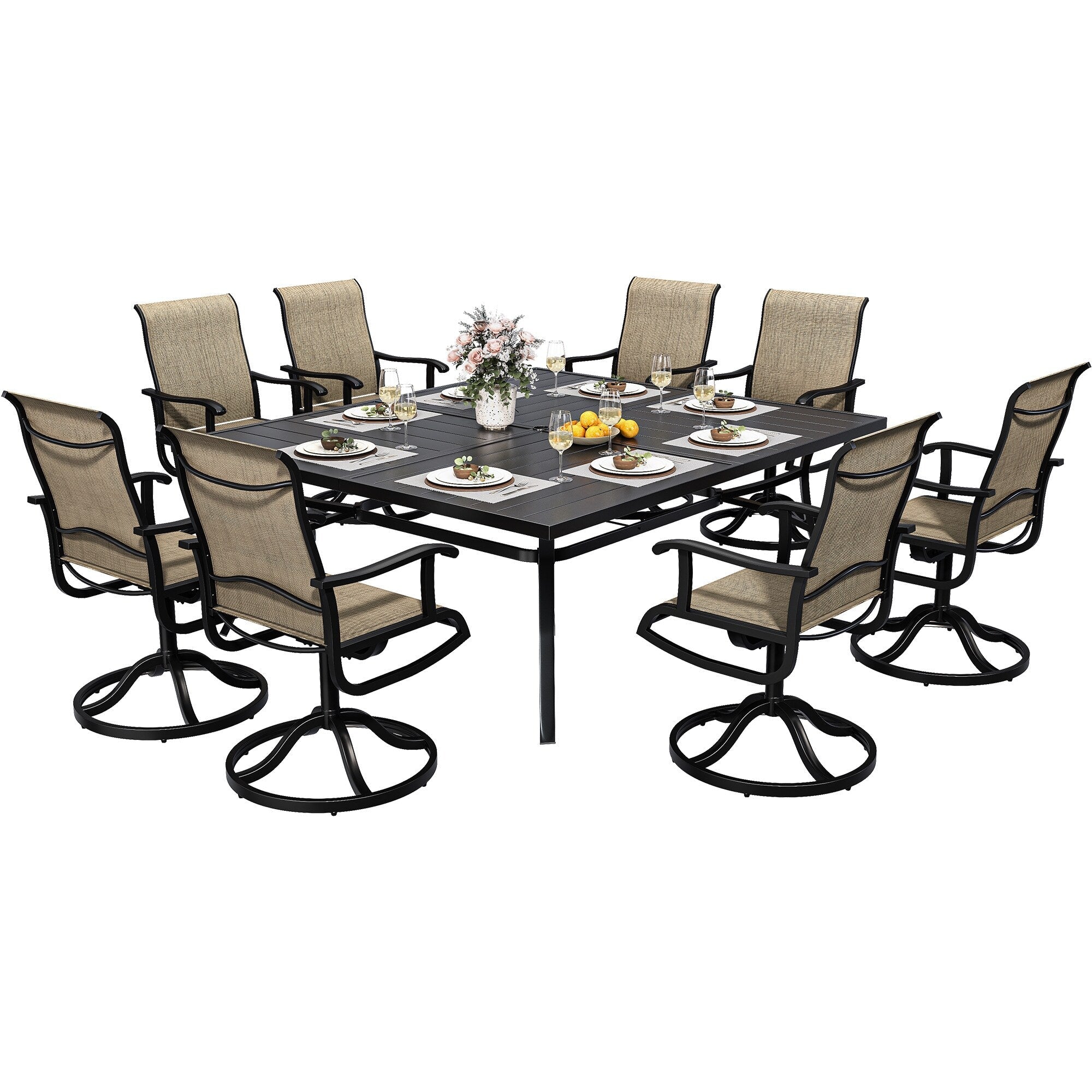 Ensembles de salle à manger d'extérieur 5/7/9 pièces avec chaises pivotantes en textilène 28 W et table