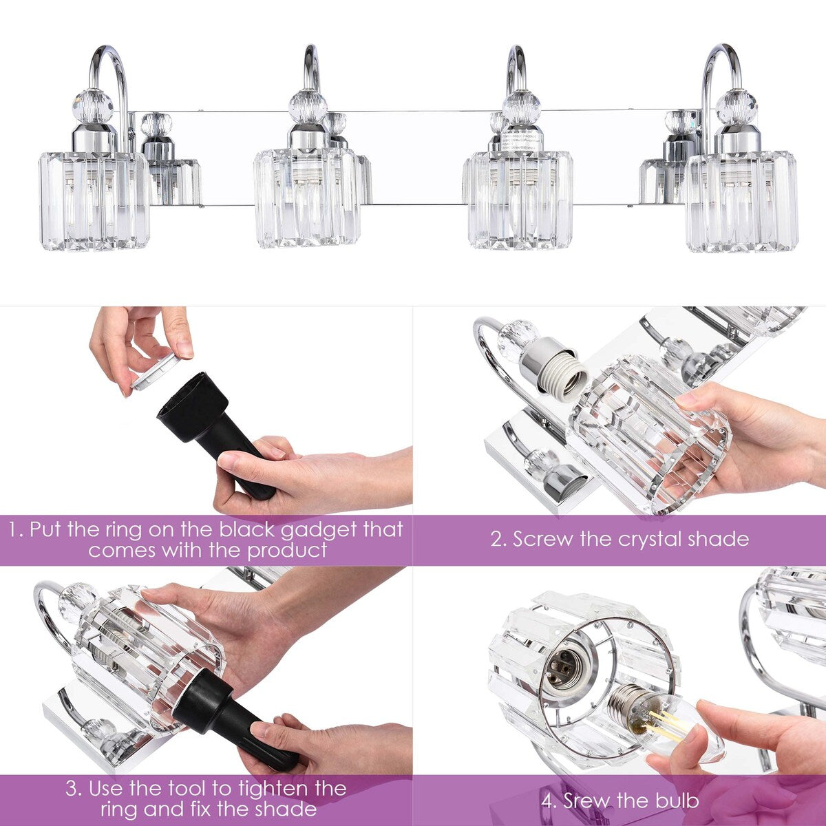 Applique murale linéaire moderne à 3 ou 4 lumières en cristal à intensité variable pour salle de bain