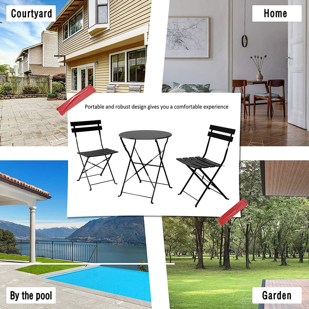 Ensemble bistrot pliant en métal 3 pièces, résistant aux intempéries, pour l'extérieur et l'intérieur, idéal pour la terrasse, la cour et le jardin.