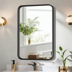 Miroir de salle de bain rectangulaire arrondi avec cadre en alliage d'aluminium noir, pour montage au-dessus du lavabo, à suspendre horizontalement ou verticalement