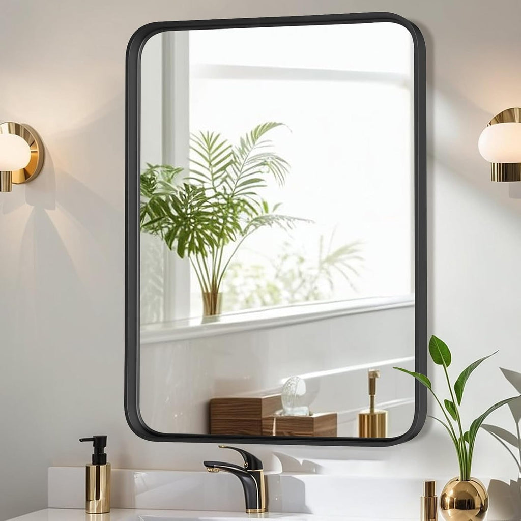Miroir de salle de bain rectangulaire arrondi avec cadre en alliage d'aluminium noir, pour montage au-dessus du lavabo, à suspendre horizontalement ou verticalement