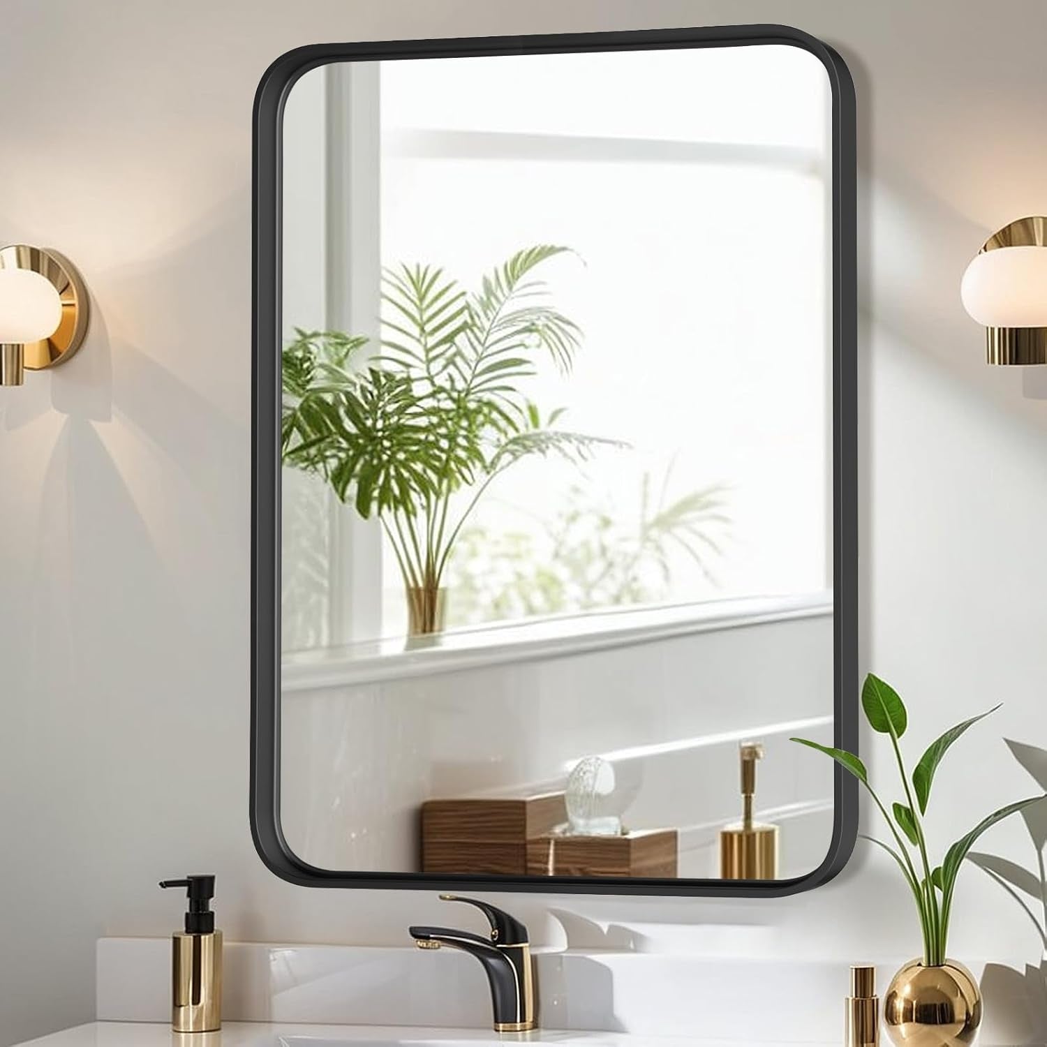 Miroir de salle de bain rectangulaire arrondi avec cadre en alliage d'aluminium noir, pour montage au-dessus du lavabo, à suspendre horizontalement ou verticalement