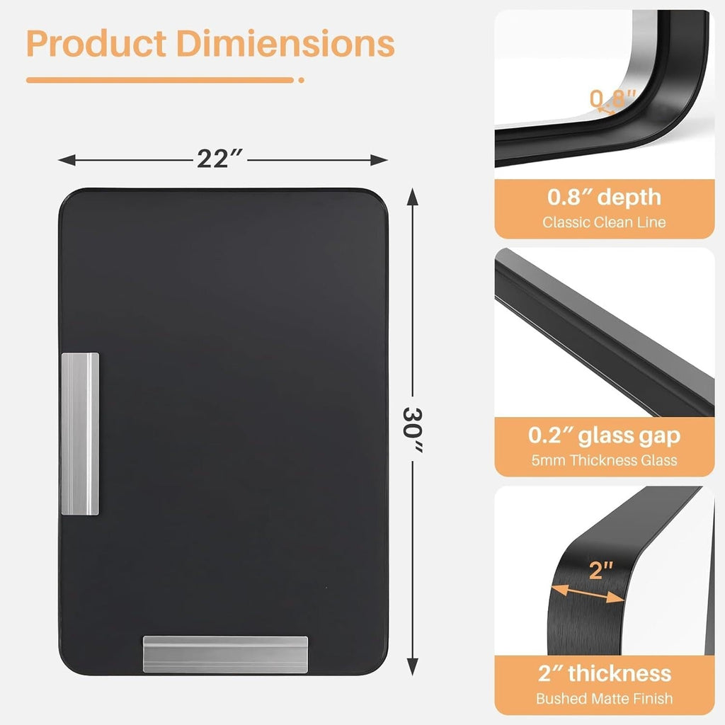 Miroir de salle de bain rectangulaire arrondi avec cadre en alliage d'aluminium noir, pour montage au-dessus du lavabo, à suspendre horizontalement ou verticalement