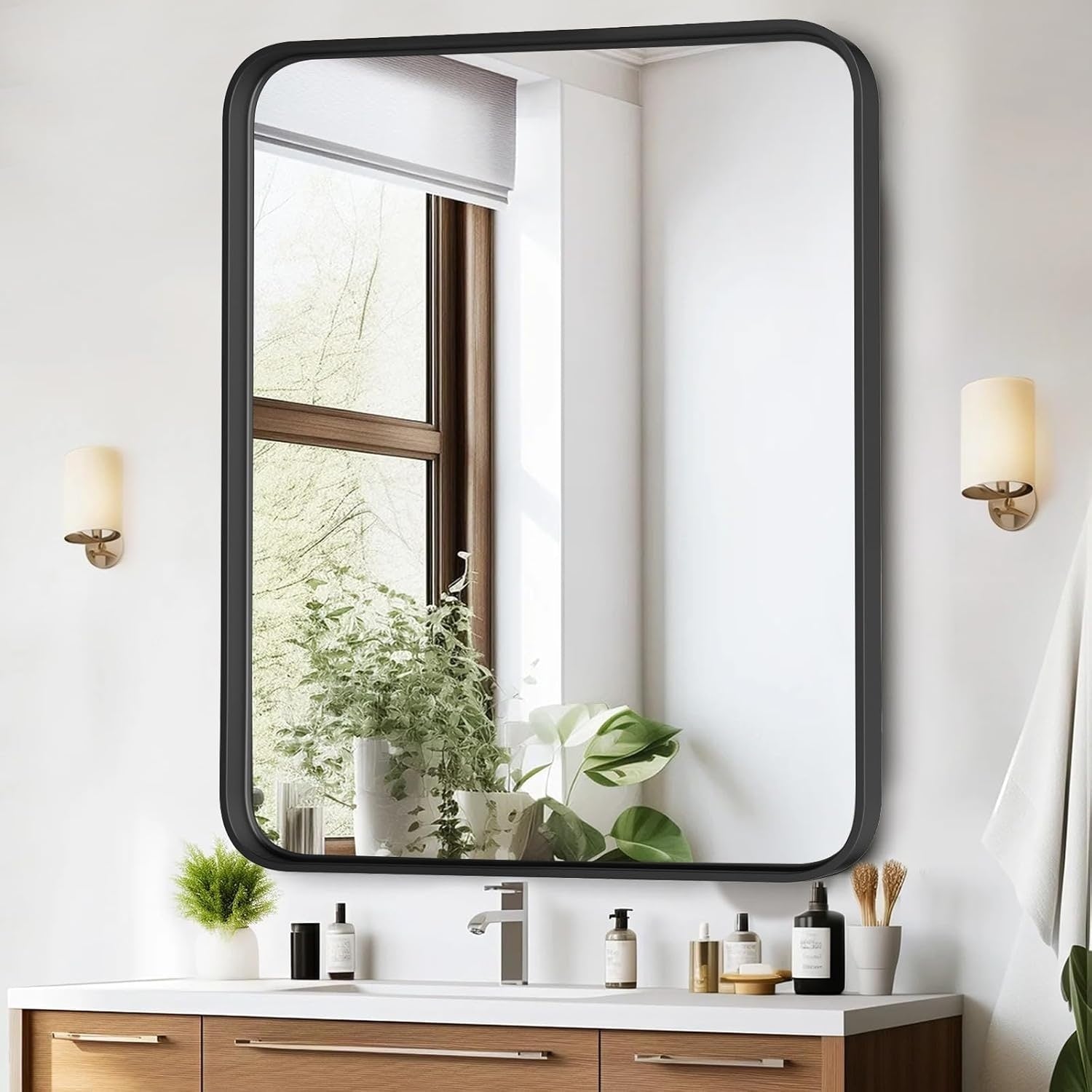 Miroir de salle de bain rectangulaire arrondi avec cadre en alliage d'aluminium noir, pour montage au-dessus du lavabo, à suspendre horizontalement ou verticalement