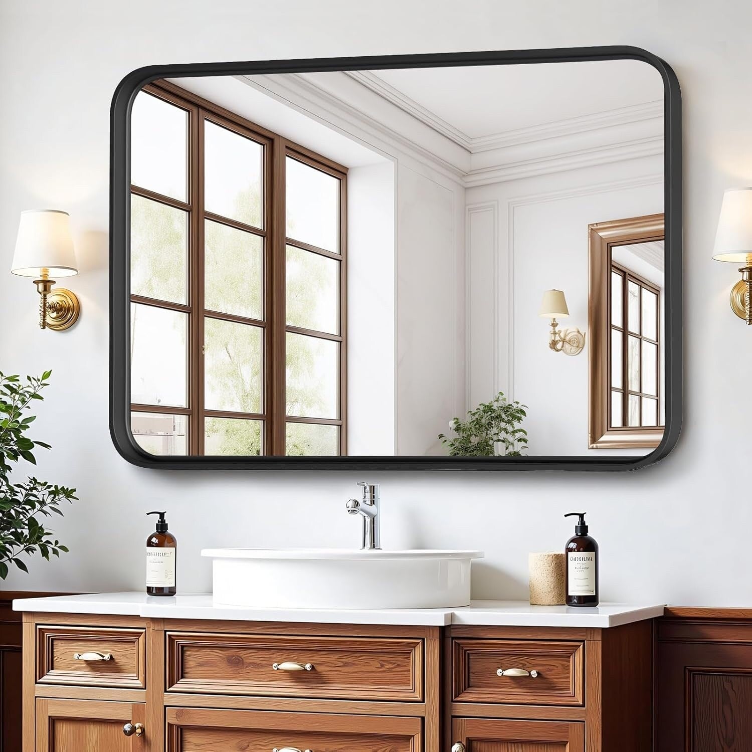 Miroir de salle de bain rectangulaire arrondi avec cadre en alliage d'aluminium noir, pour montage au-dessus du lavabo, à suspendre horizontalement ou verticalement