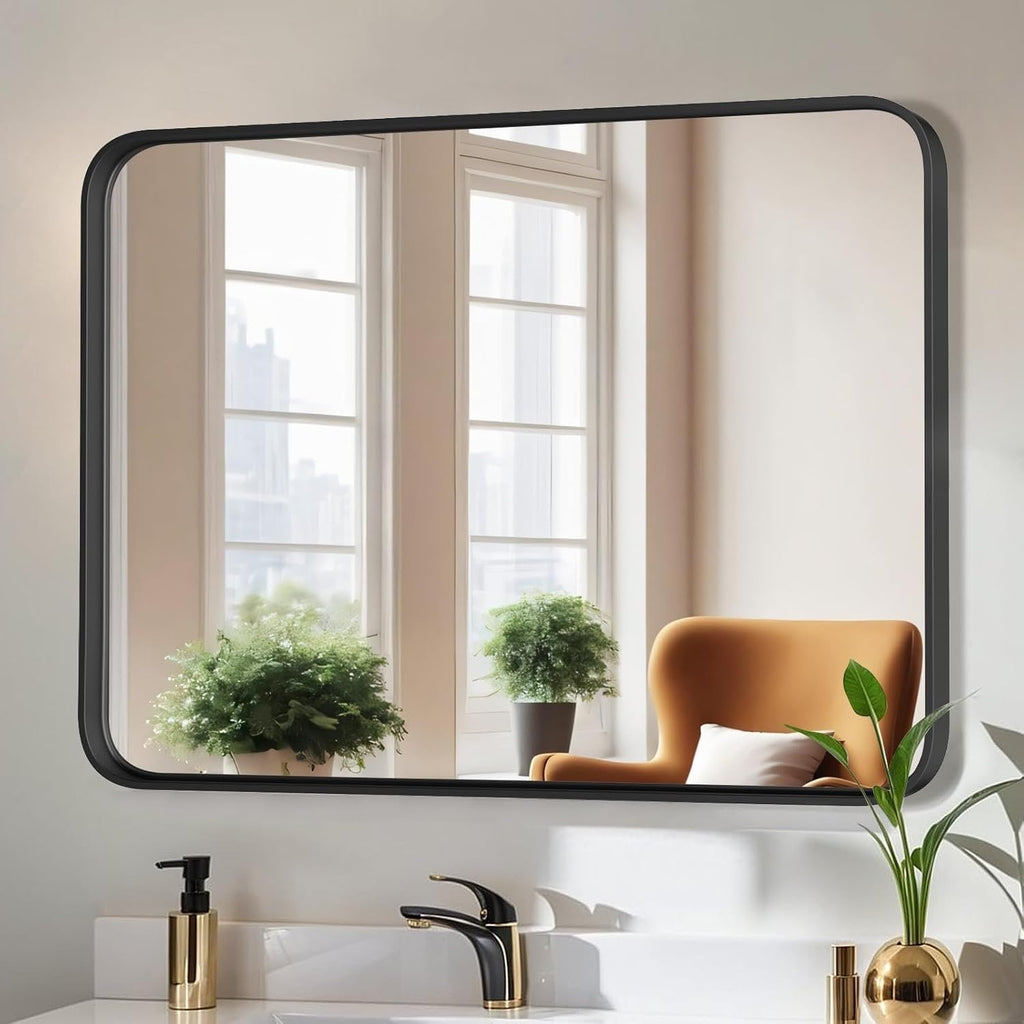 Miroir de salle de bain rectangulaire arrondi avec cadre en alliage d'aluminium noir, pour montage au-dessus du lavabo, à suspendre horizontalement ou verticalement