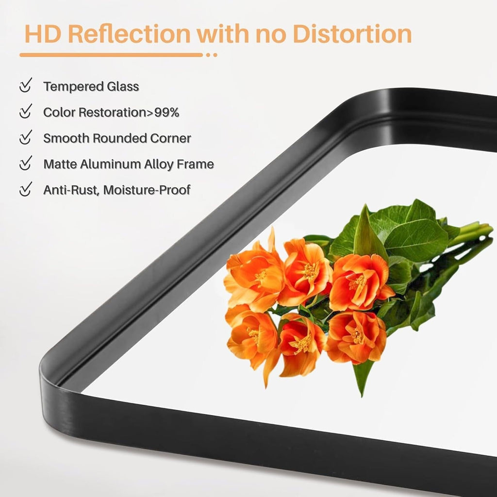 Miroir de salle de bain rectangulaire arrondi avec cadre en alliage d'aluminium noir, pour montage au-dessus du lavabo, à suspendre horizontalement ou verticalement