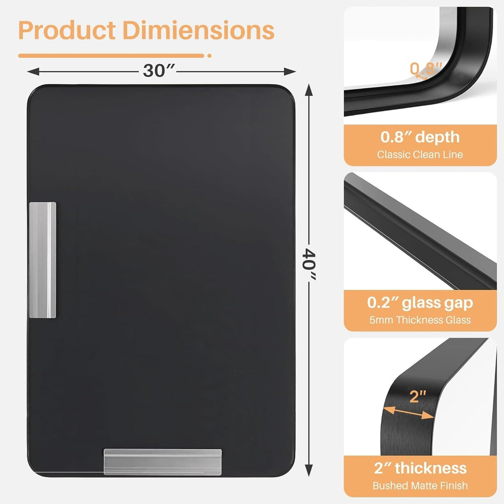 Miroir de salle de bain rectangulaire arrondi avec cadre en alliage d'aluminium noir, pour montage au-dessus du lavabo, à suspendre horizontalement ou verticalement