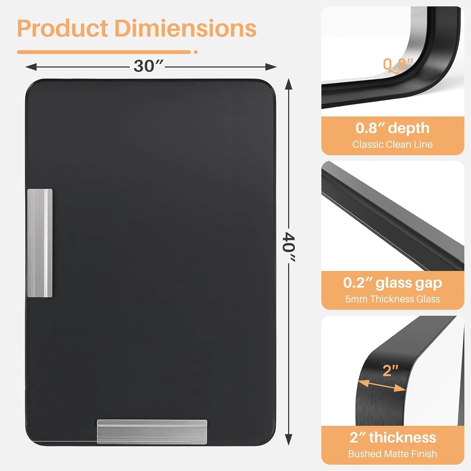 Miroir de salle de bain rectangulaire arrondi avec cadre en alliage d'aluminium noir, pour montage au-dessus du lavabo, à suspendre horizontalement ou verticalement