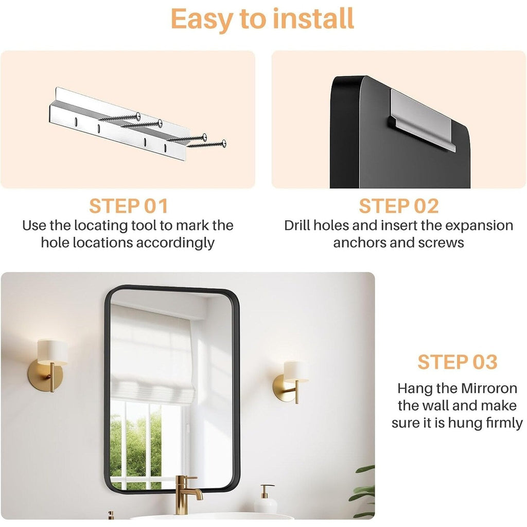 Miroir de salle de bain rectangulaire arrondi avec cadre en alliage d'aluminium noir, pour montage au-dessus du lavabo, à suspendre horizontalement ou verticalement