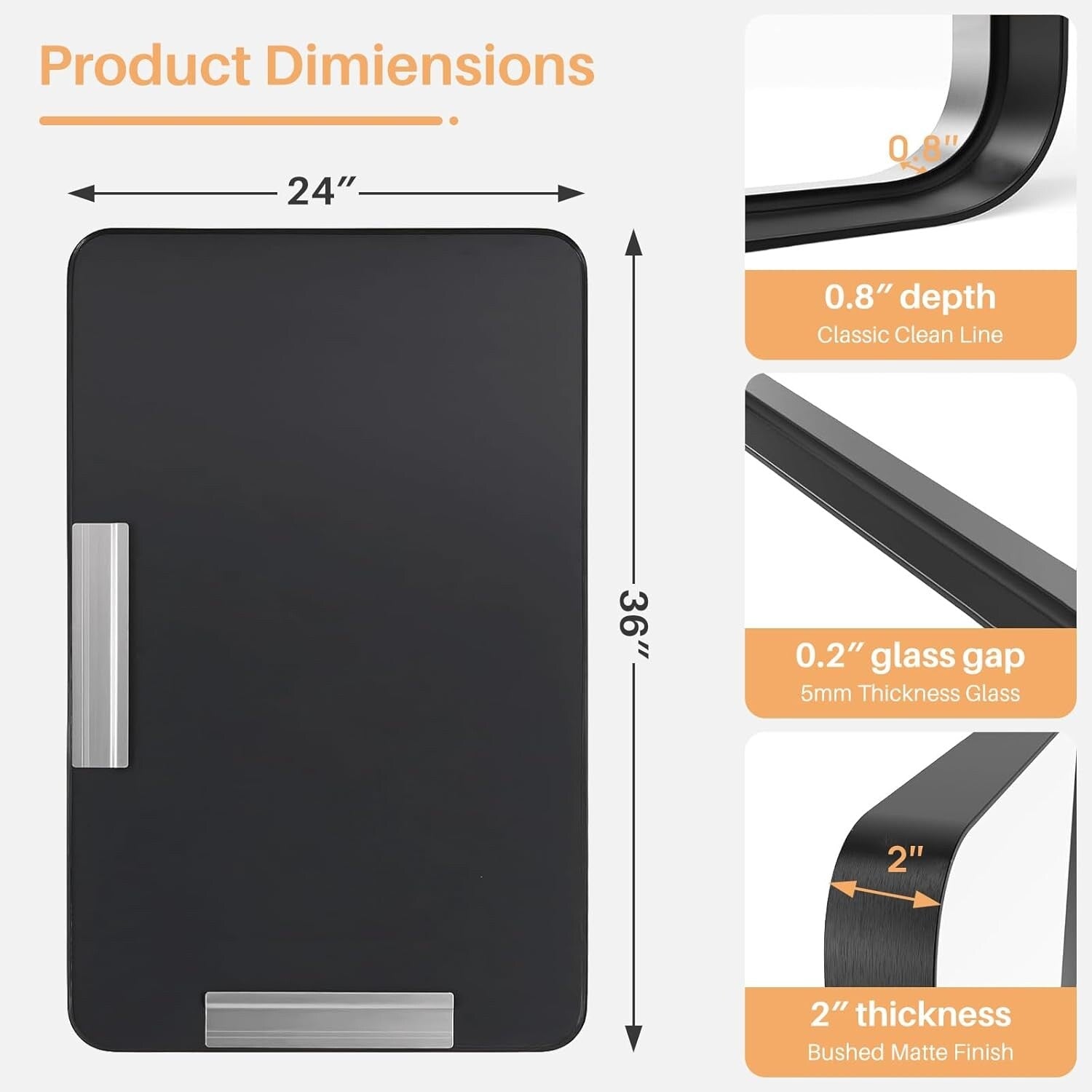 Miroir de salle de bain rectangulaire arrondi avec cadre en alliage d'aluminium noir, pour montage au-dessus du lavabo, à suspendre horizontalement ou verticalement