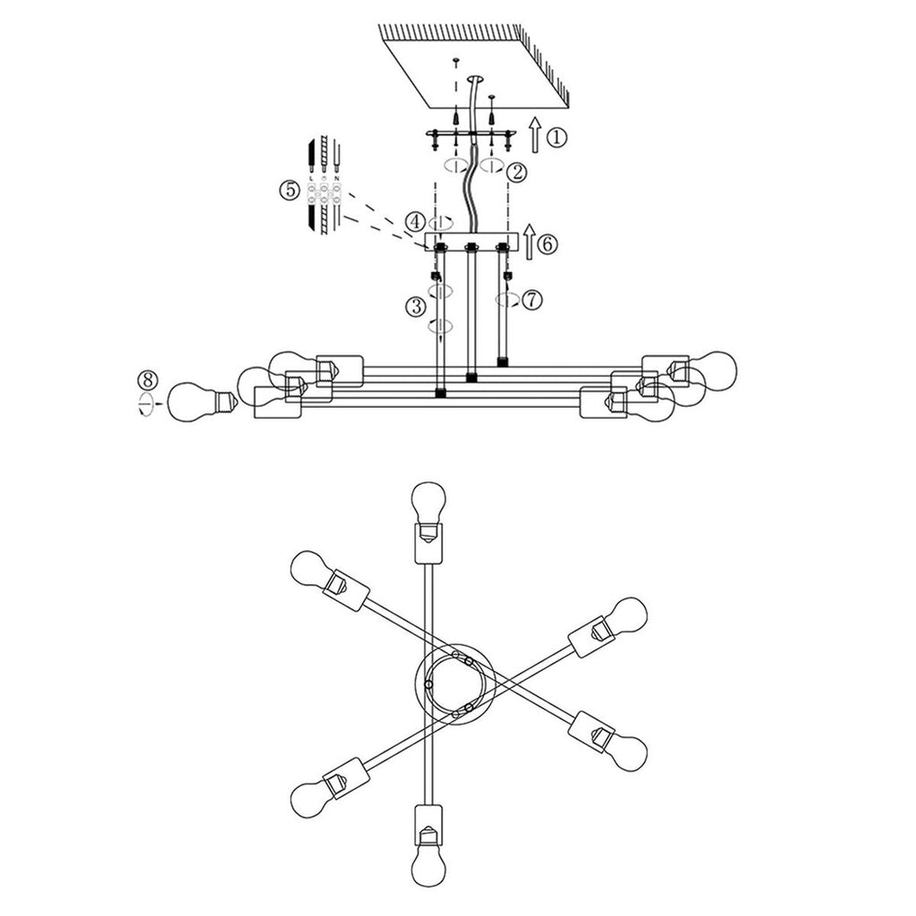 Plafonnier semi-encastré moderne en métal noir Sputnik à 6 lampes