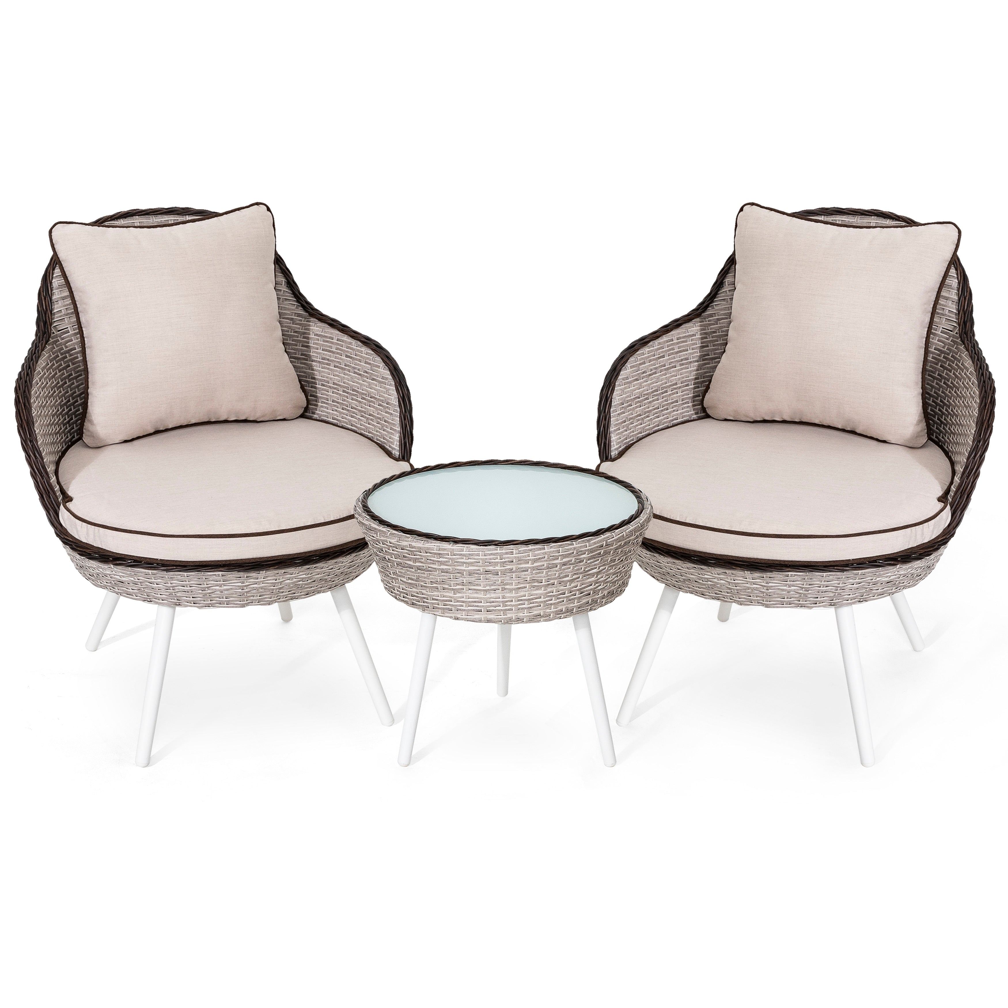 Ensembles de jardin Bistro 3 pièces en rotin et osier avec coussins