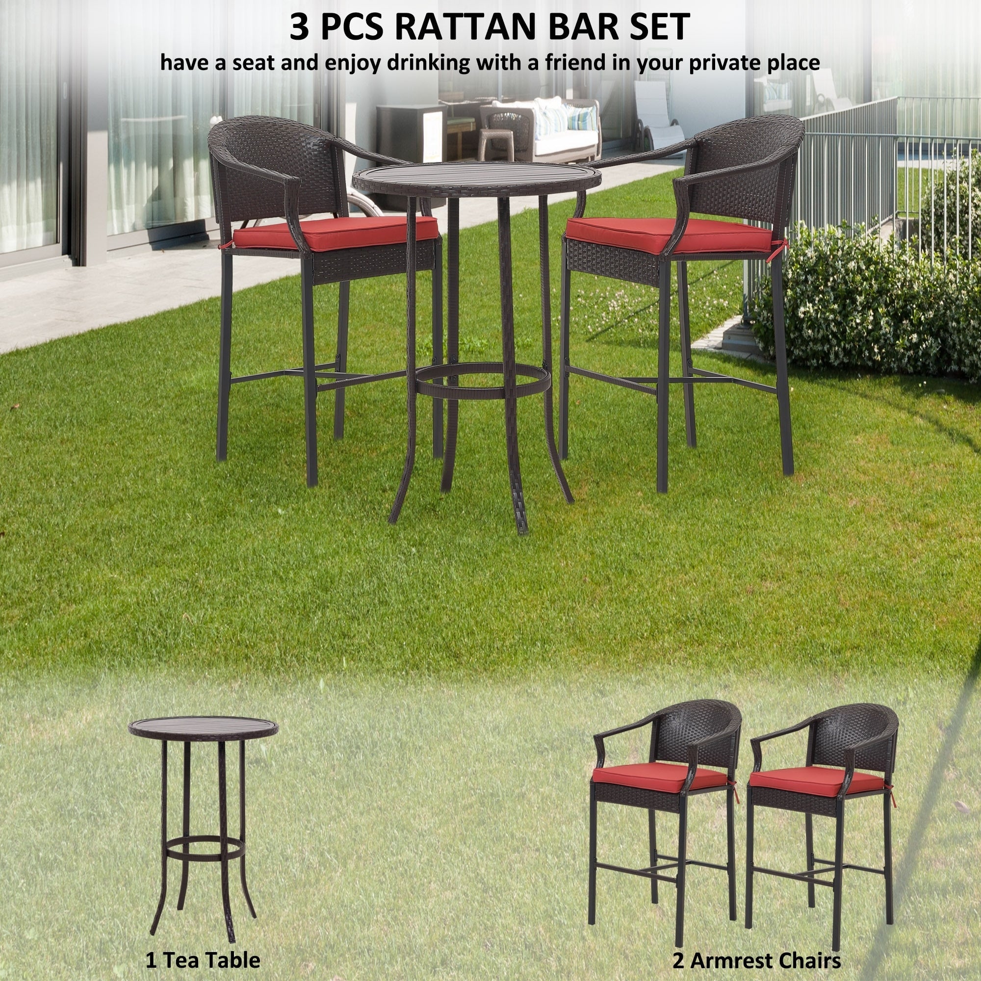 Ensemble de bar d'extérieur 3 pièces avec plateau en fer