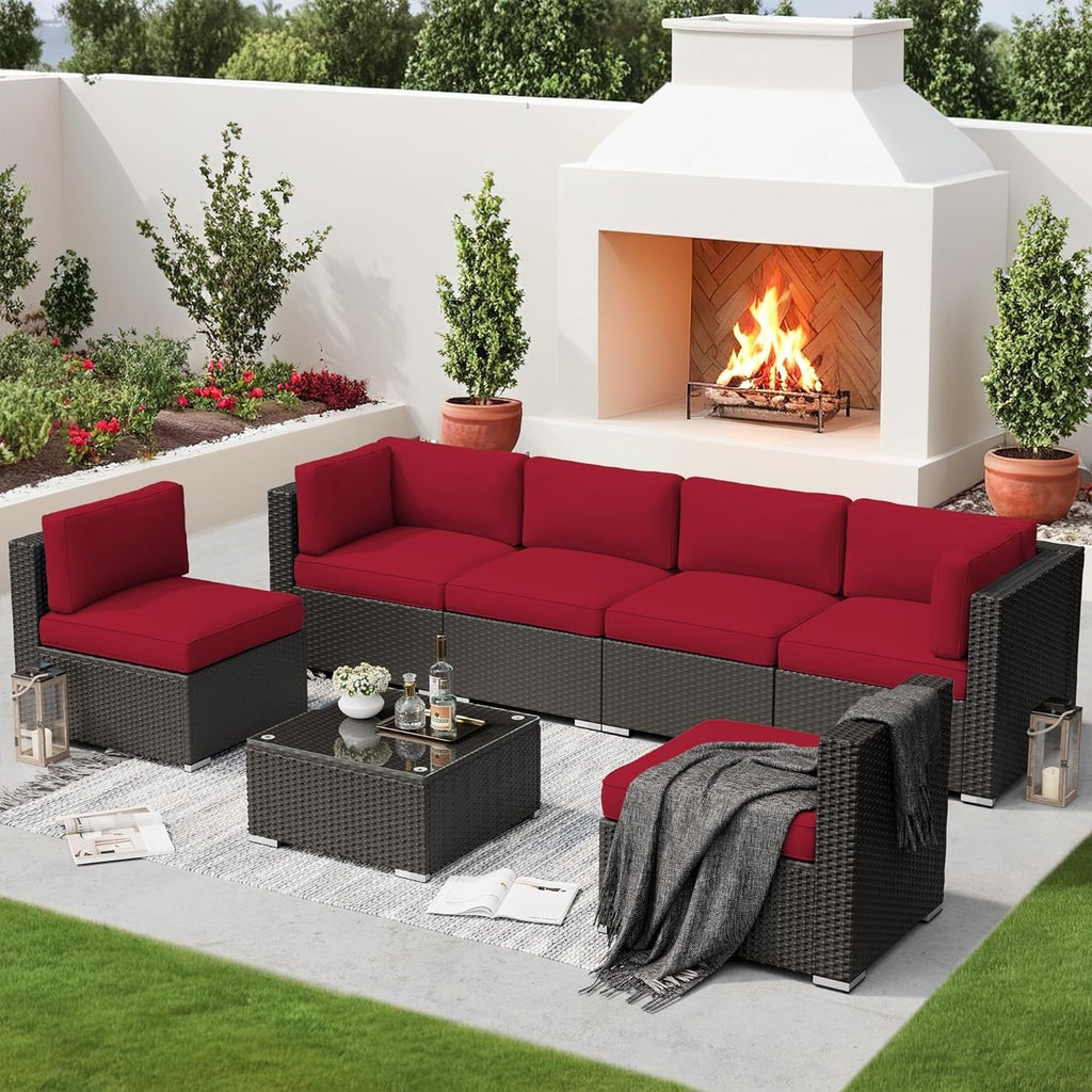 Ensemble de 7 canapés sectionnels rembourrés en rotin et osier noir pour patio extérieur par Havenside Home