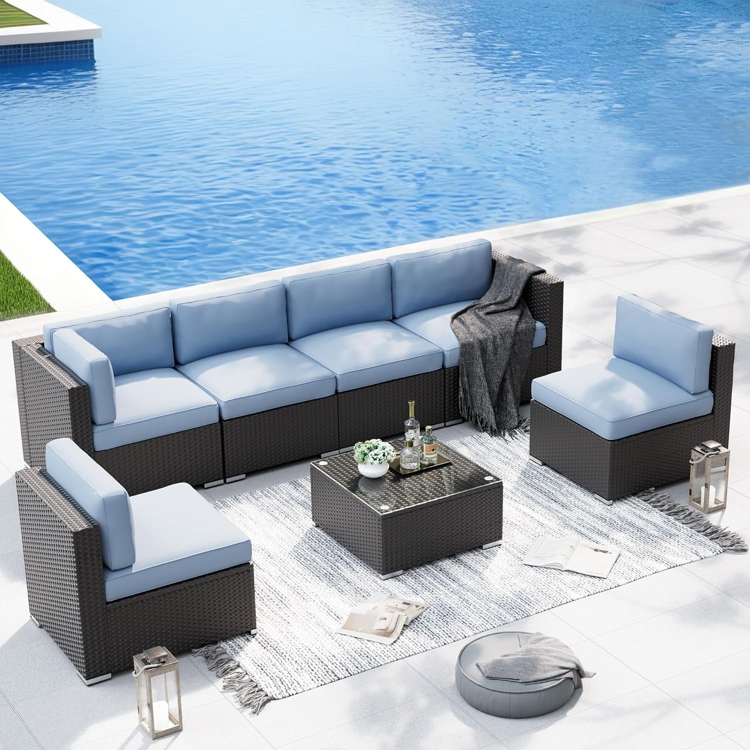 Ensemble de 7 canapés sectionnels rembourrés en rotin et osier noir pour patio extérieur par Havenside Home