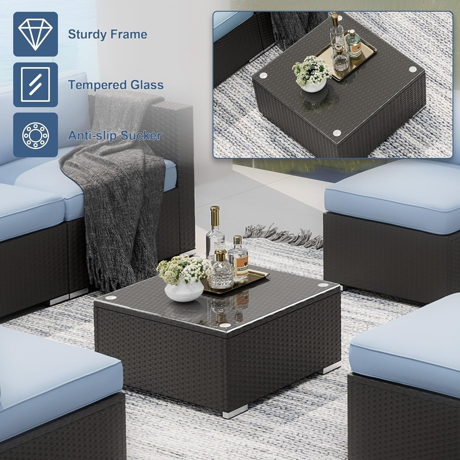 Ensemble de 7 canapés sectionnels rembourrés en rotin et osier noir pour patio extérieur par Havenside Home