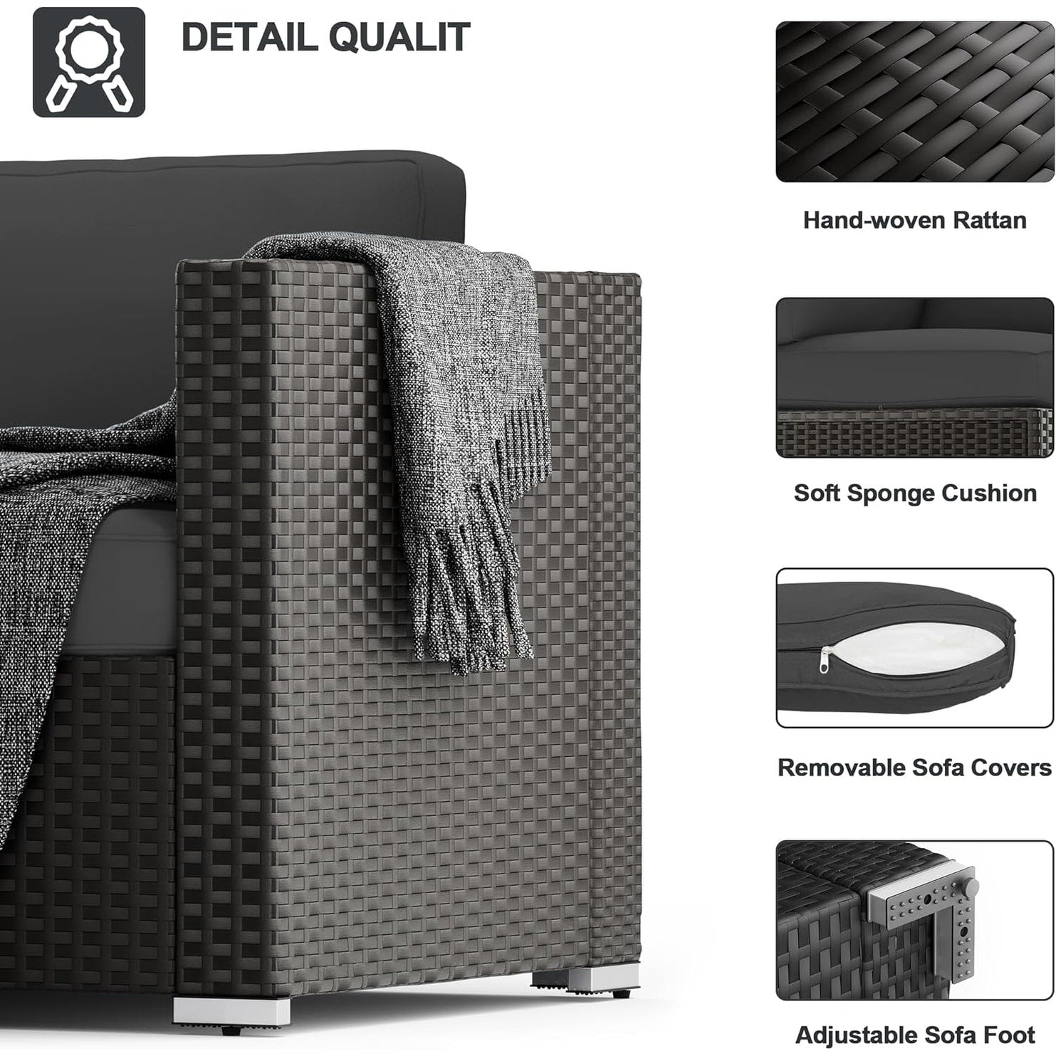 Ensemble de 7 canapés sectionnels rembourrés en rotin et osier noir pour patio extérieur par Havenside Home