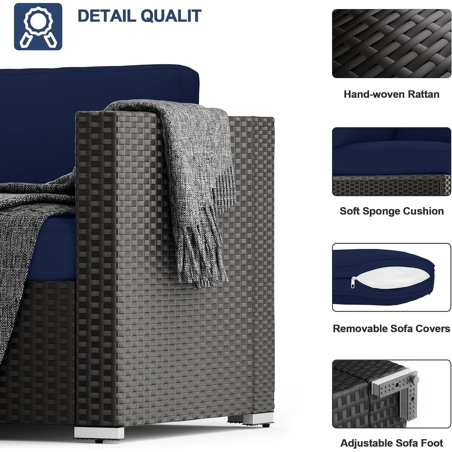 Ensemble de 7 canapés sectionnels rembourrés en rotin et osier noir pour patio extérieur par Havenside Home