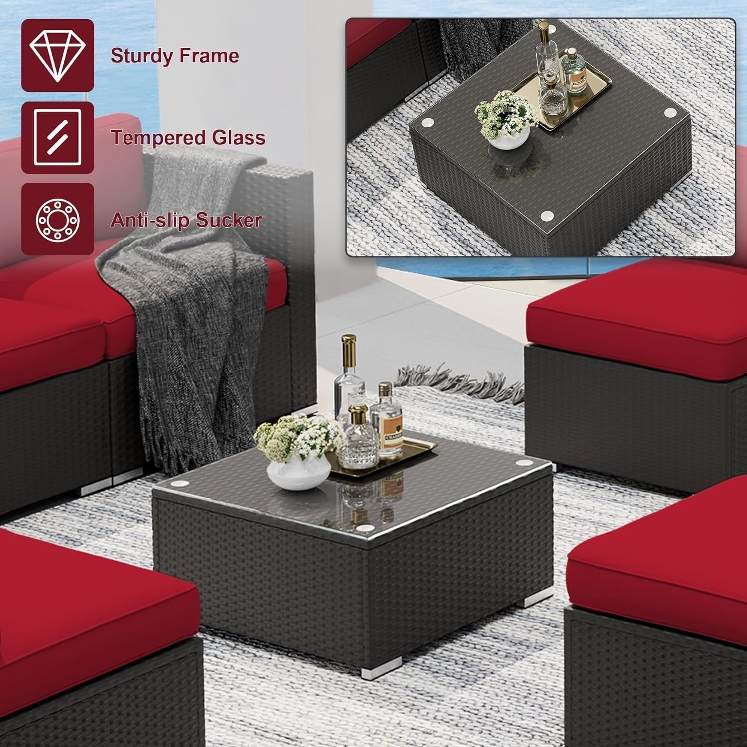 Ensemble de 7 canapés sectionnels rembourrés en rotin et osier noir pour patio extérieur par Havenside Home