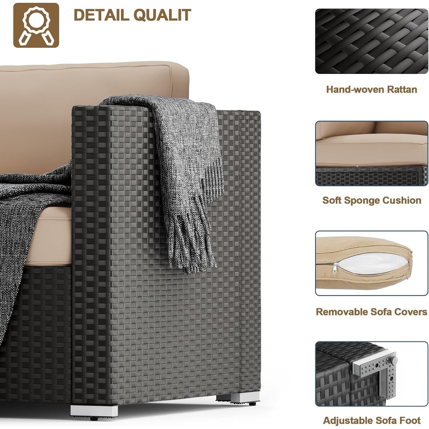 Ensemble de 7 canapés sectionnels rembourrés en rotin et osier noir pour patio extérieur par Havenside Home