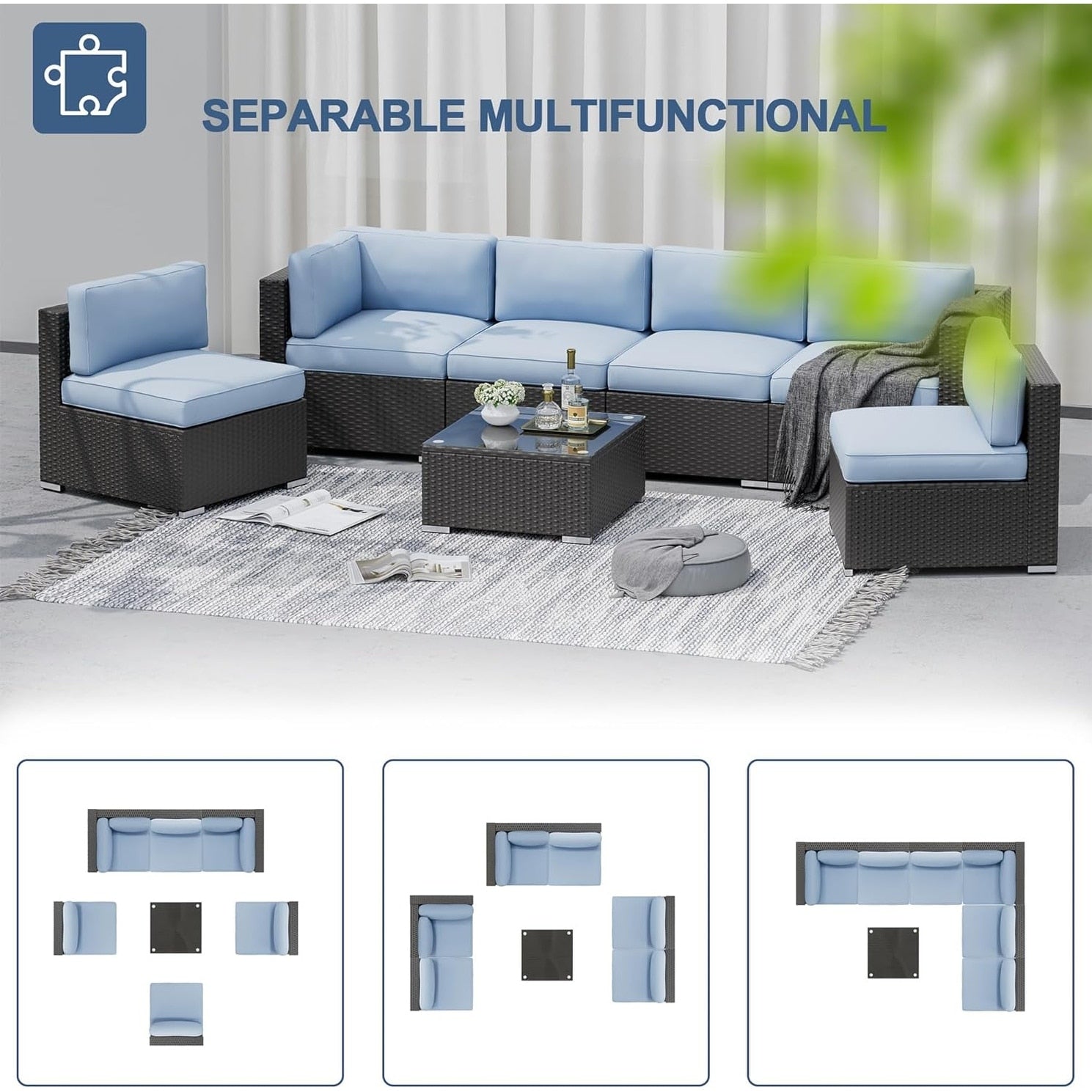 Ensemble de 7 canapés sectionnels rembourrés en rotin et osier noir pour patio extérieur par Havenside Home