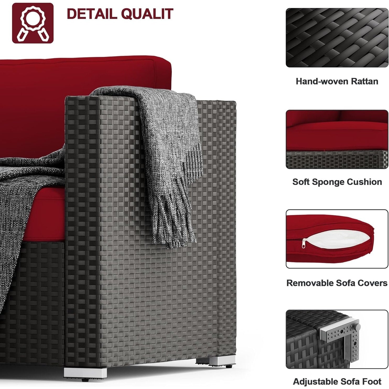 Ensemble de 7 canapés sectionnels rembourrés en rotin et osier noir pour patio extérieur par Havenside Home