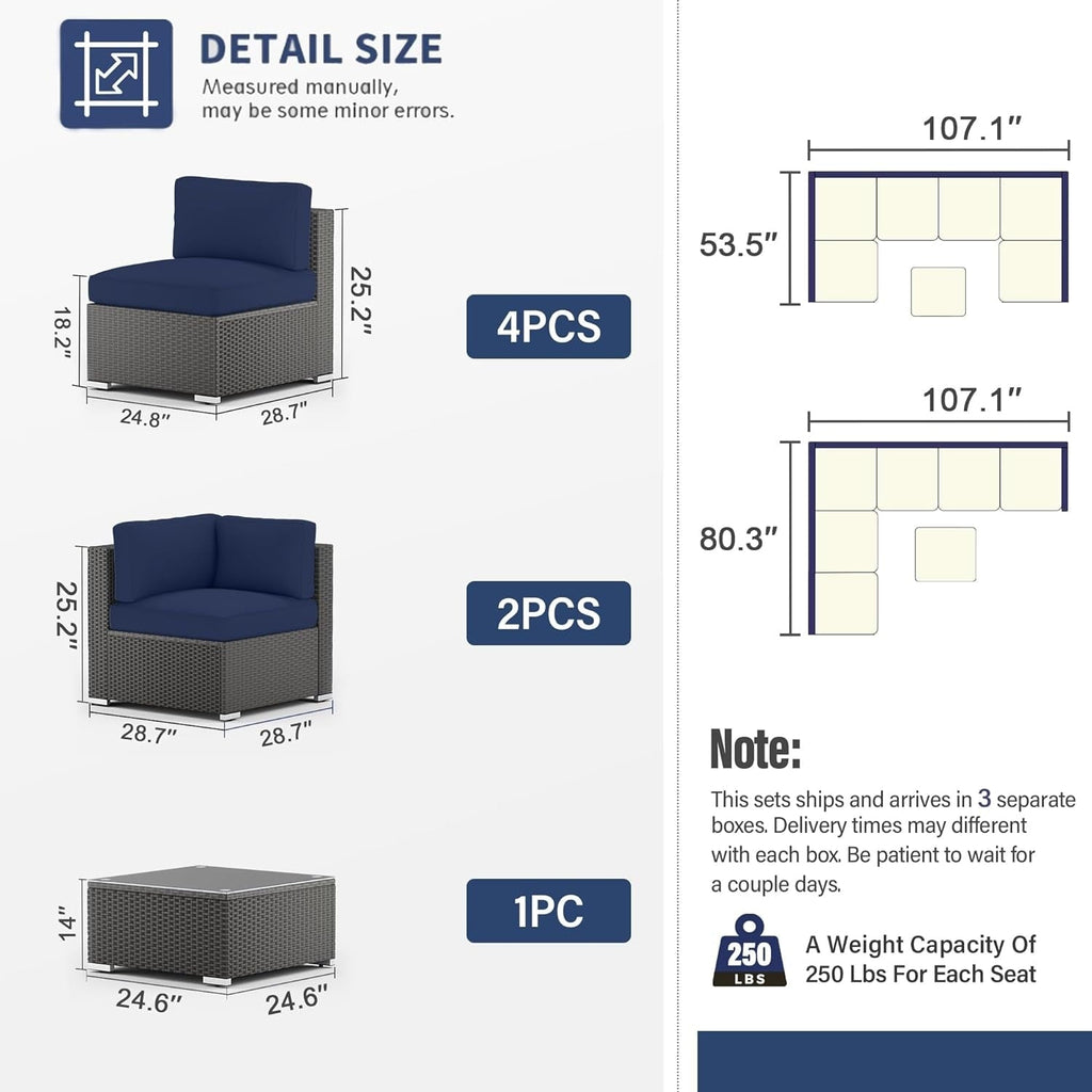 Ensemble de 7 canapés sectionnels rembourrés en rotin et osier noir pour patio extérieur par Havenside Home