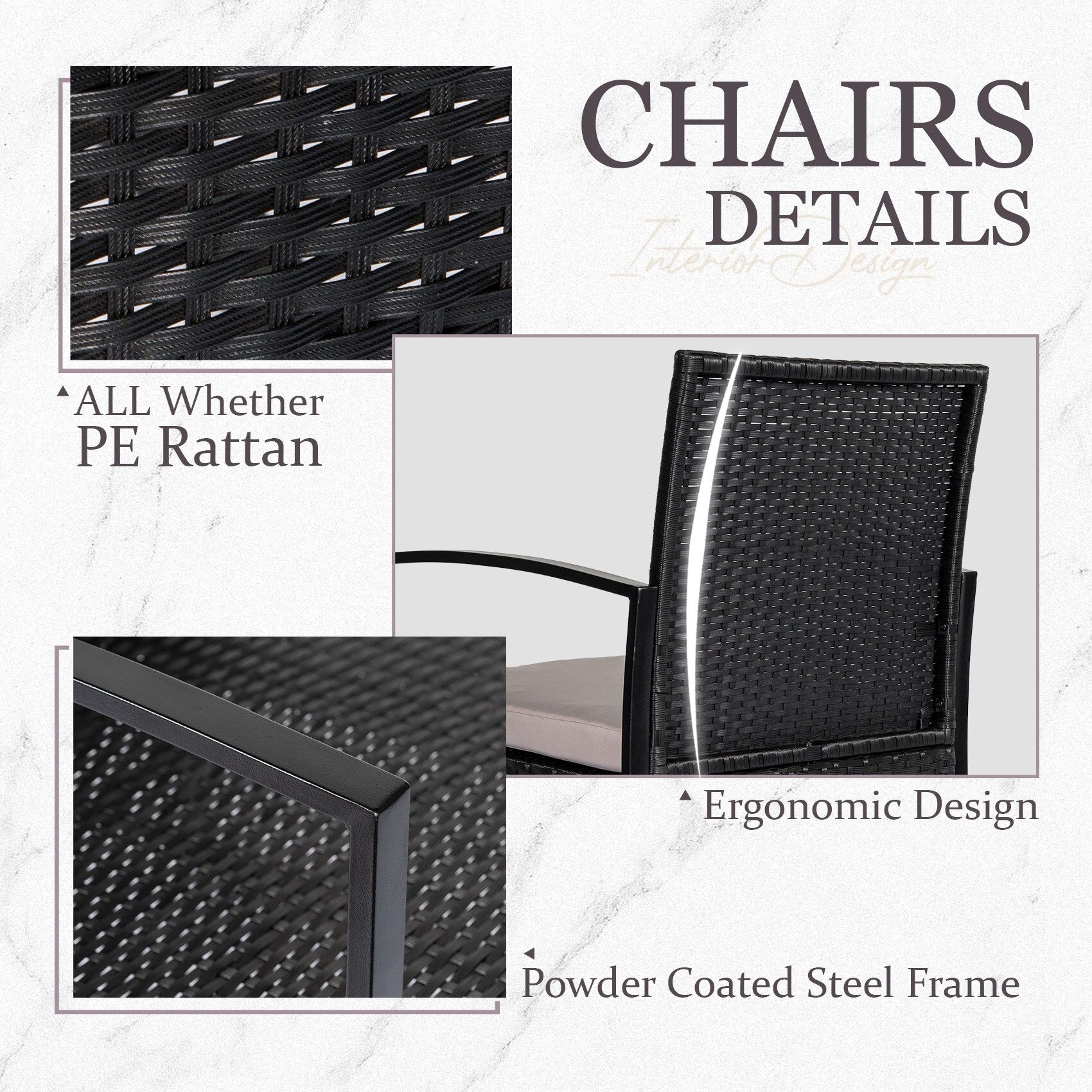 Ensemble de bistrot 3 pièces pour patio, mobilier d'extérieur avec table en verre et salon de jardin en rotin pour véranda, jardin et balcon