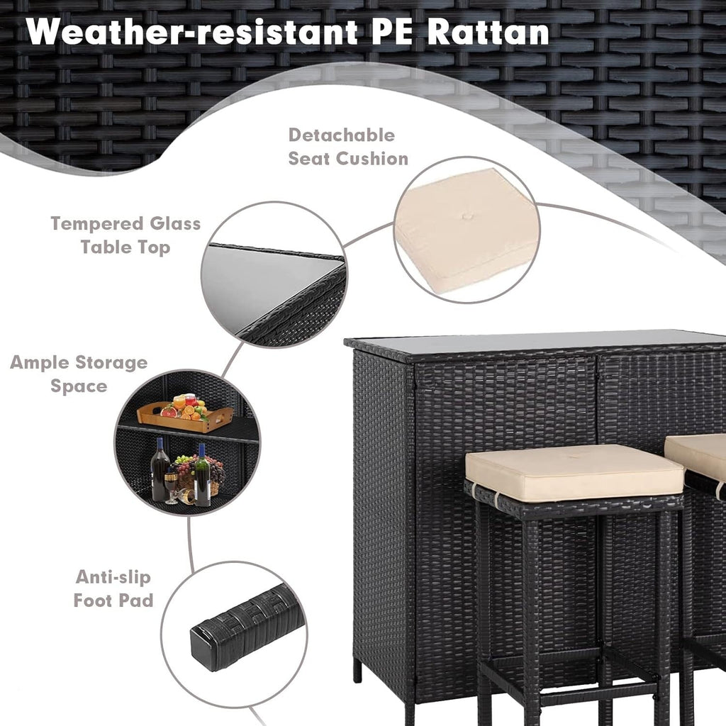 Ensemble de bar d'extérieur en osier 3 pièces, 2 tabourets de bar et 1 table avec plateau en verre et étagères de rangement