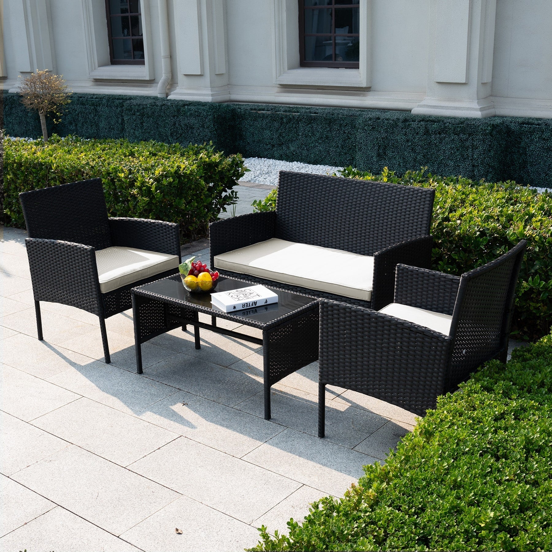 Ensemble de 4 meubles de jardin en osier, sectionnels et en rotin, avec coussins, pour jardin