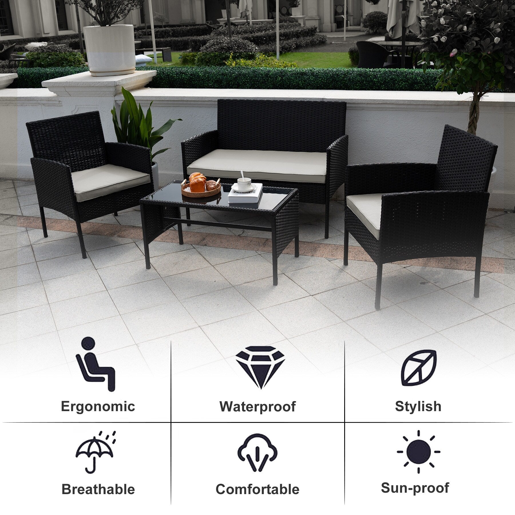 Ensemble de 4 meubles de jardin en osier, sectionnels et en rotin, avec coussins, pour jardin