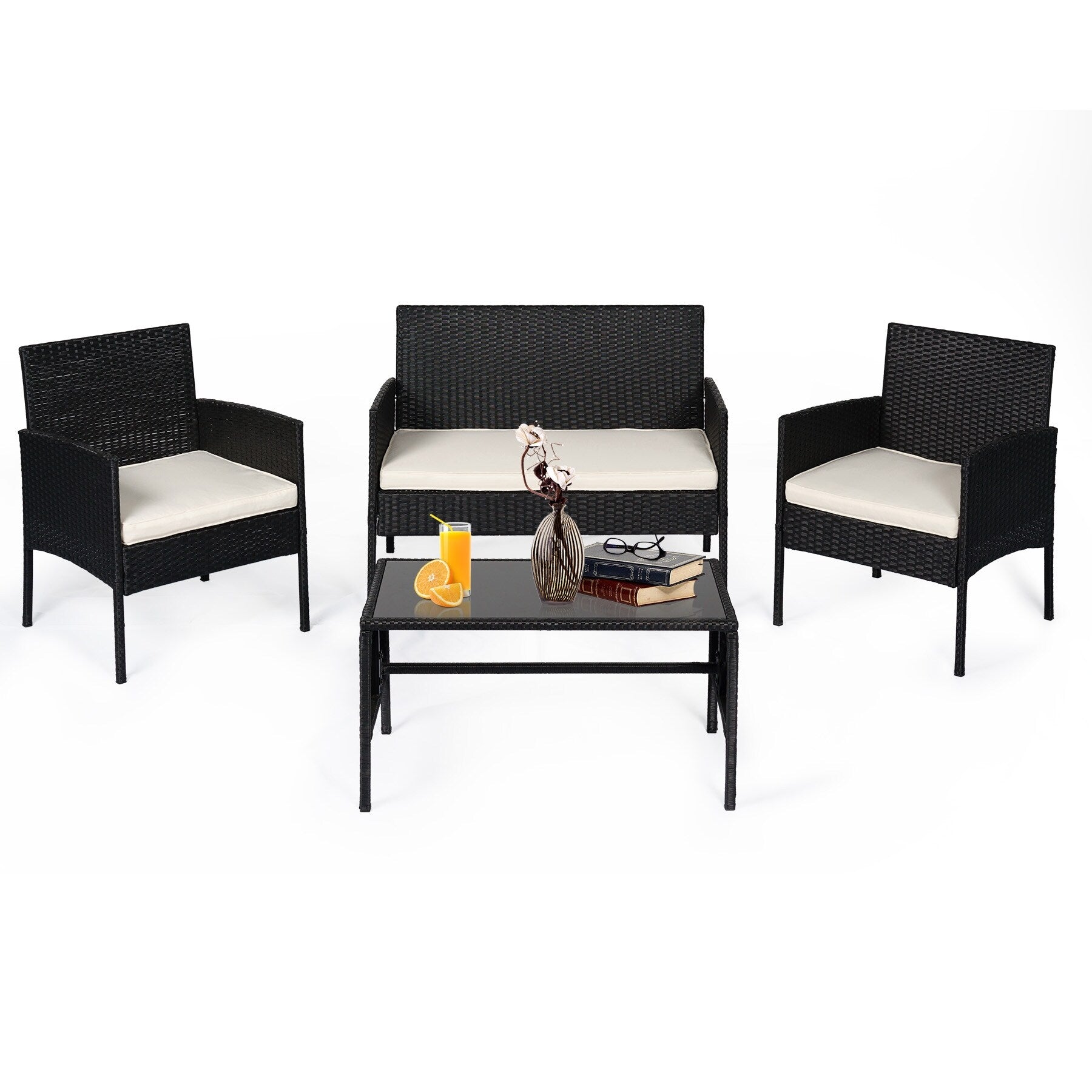 Ensemble de 4 meubles de jardin en osier, sectionnels et en rotin, avec coussins, pour jardin