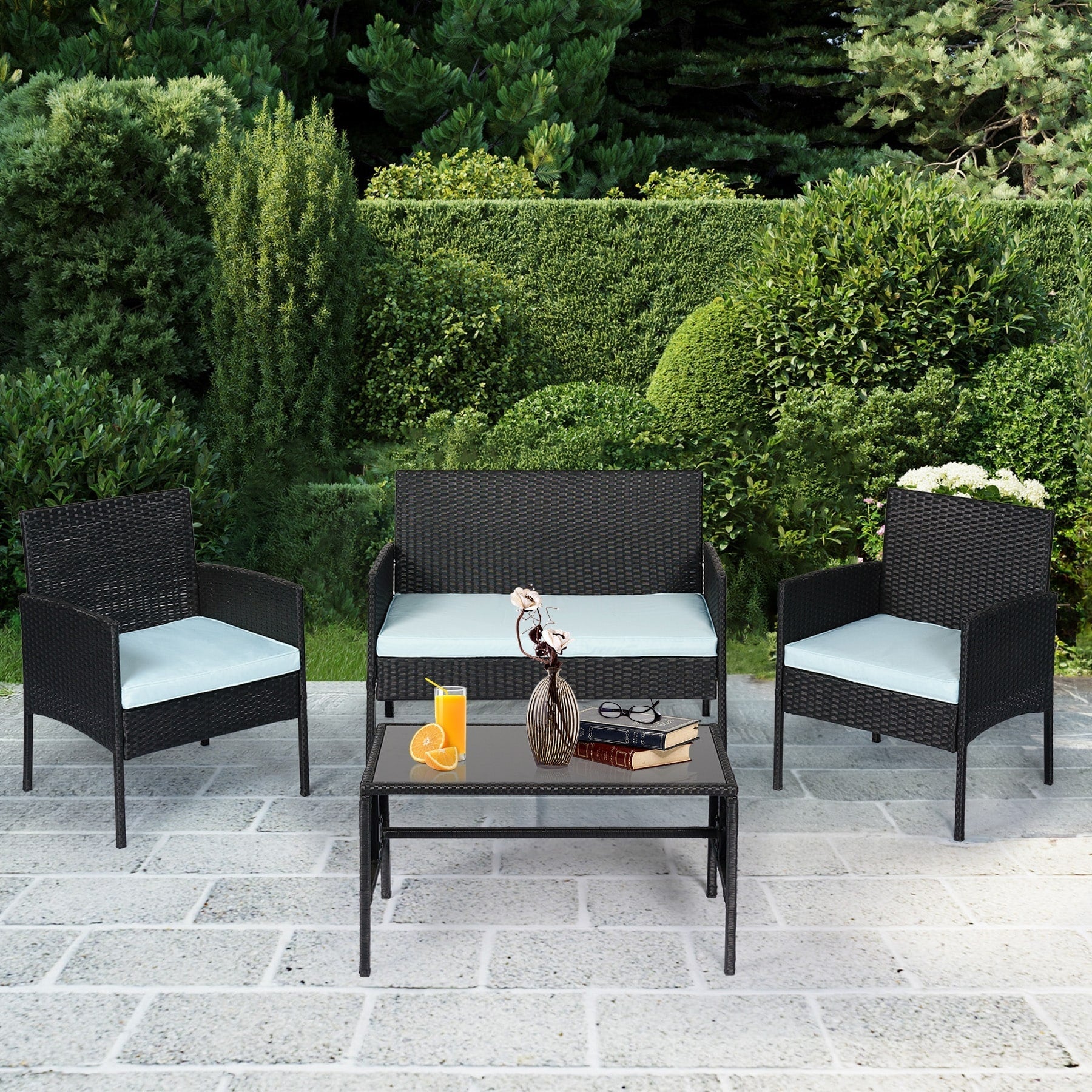 Ensemble de 4 meubles de jardin en osier, sectionnels et en rotin, avec coussins, pour jardin