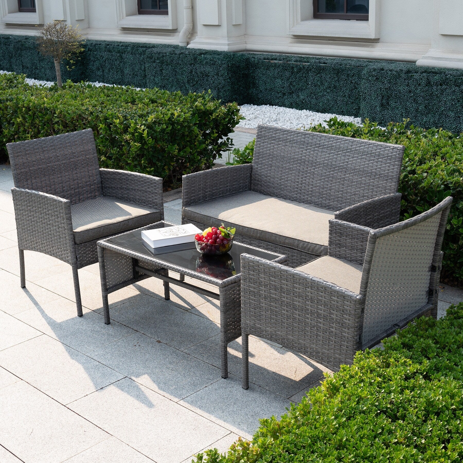 Ensemble de 4 meubles de jardin en osier, sectionnels et en rotin, avec coussins, pour jardin